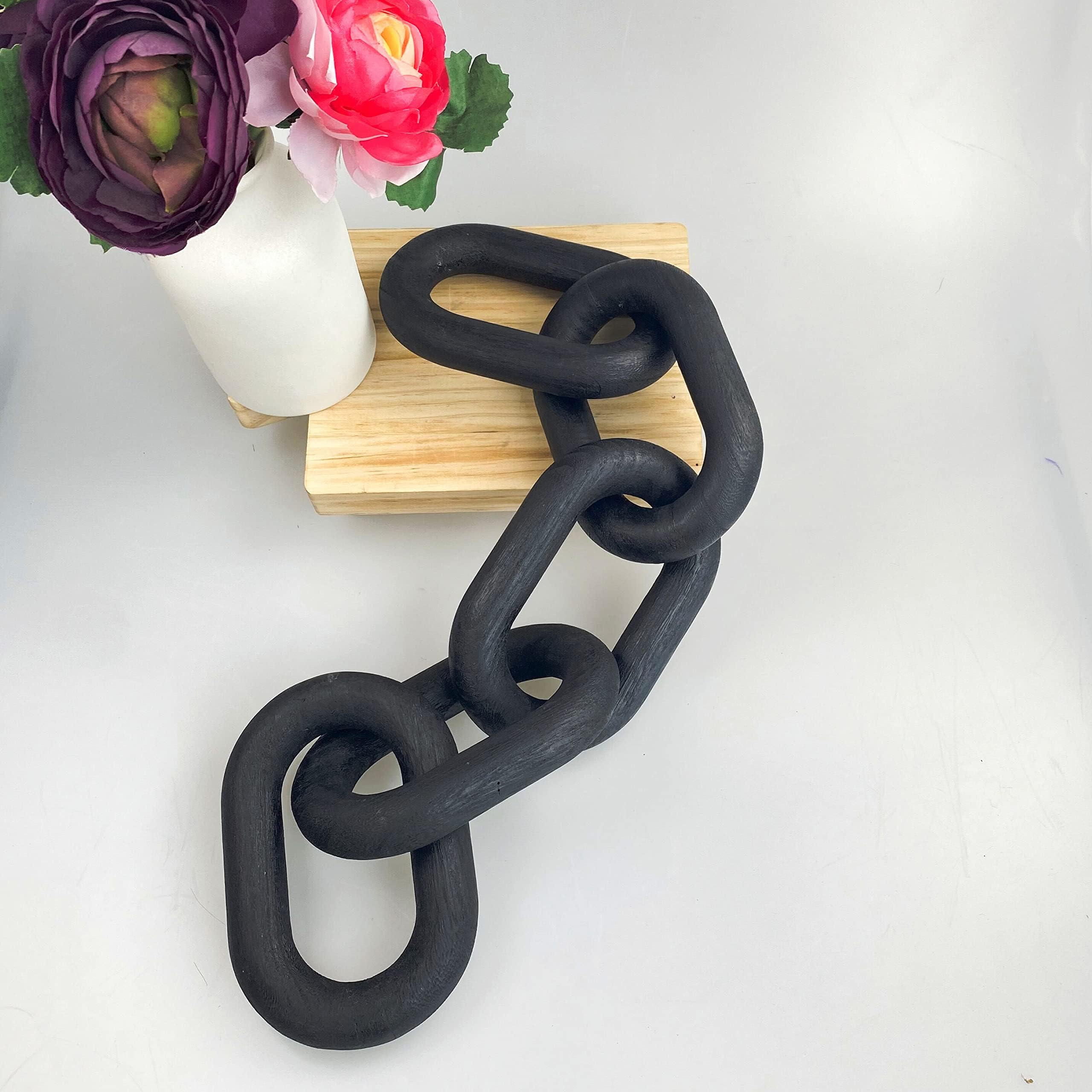 Hand Carved Wood Chain Link and Beaded Garland Set - Decorative Home and Farmhouse Decor (5-Link-Black)