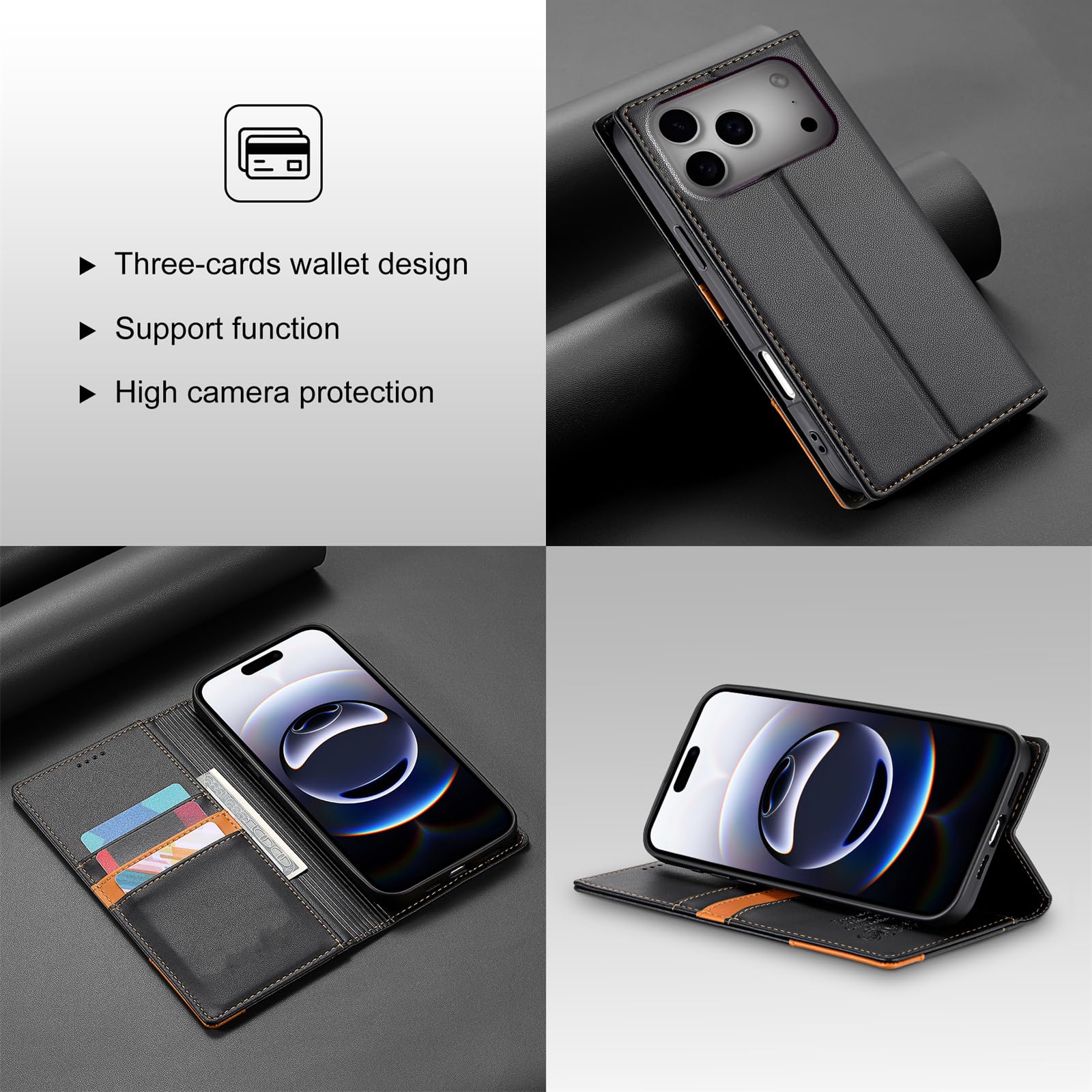 Custodia magnetica a libro in pelle di lusso con portafoglio e scomparto per carte per iPhone 16 (per iPhone 16/Nero)