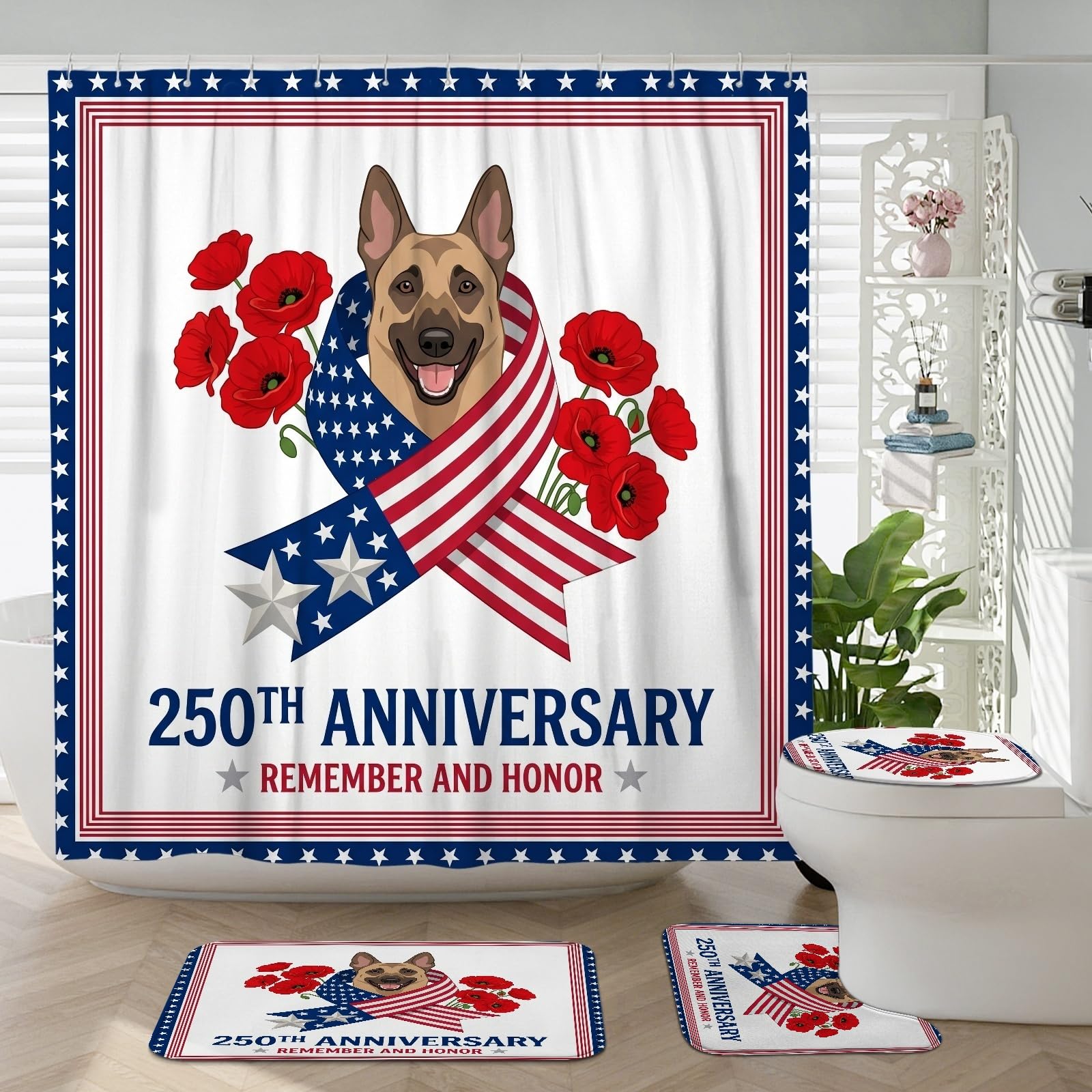 Rideau de douche Malinois en lot de 4 pièces avec tapis de bain