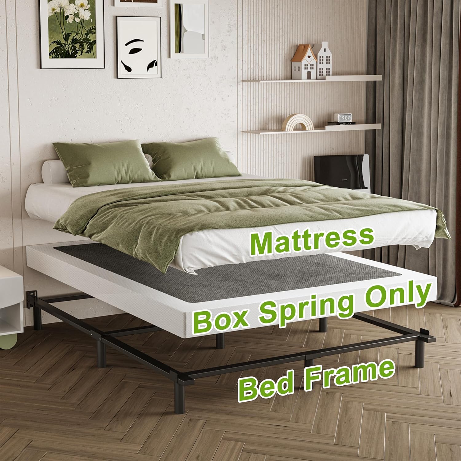 Box Spring Full Size Bed 4 Inch - Heavy Duty Box Spring Mattress Foundation Metal Bed Base with Fabric Cover, Noise Free Easy Assembly Non Slip 3000lbs Max