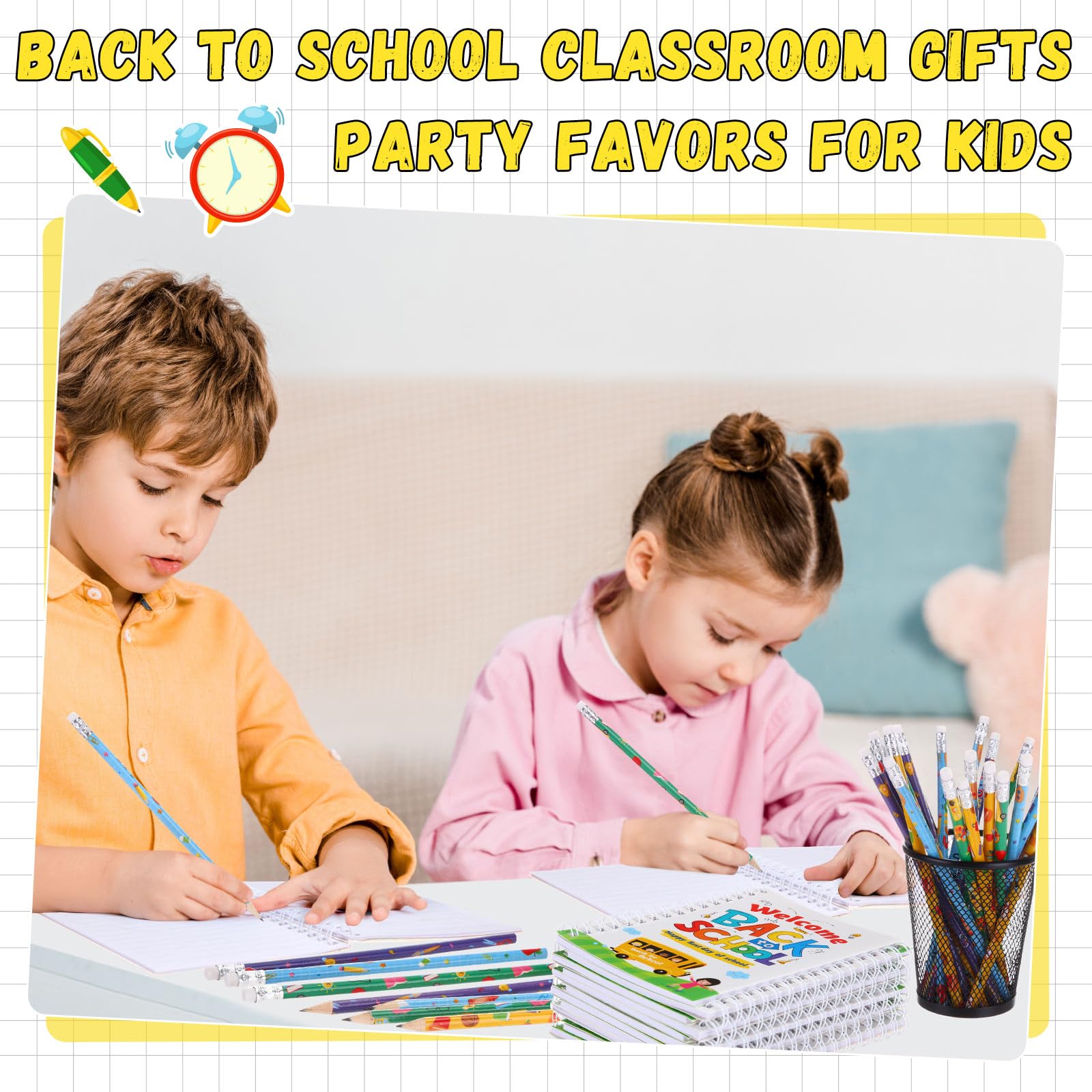 Crtiin Ensemble cadeau de 48 pièces pour la rentrée scolaire des enfants, carnets, crayons de bienvenue à l'école avec petit bloc-notes à spirale, fournitures de fête, décorations, cadeaux,