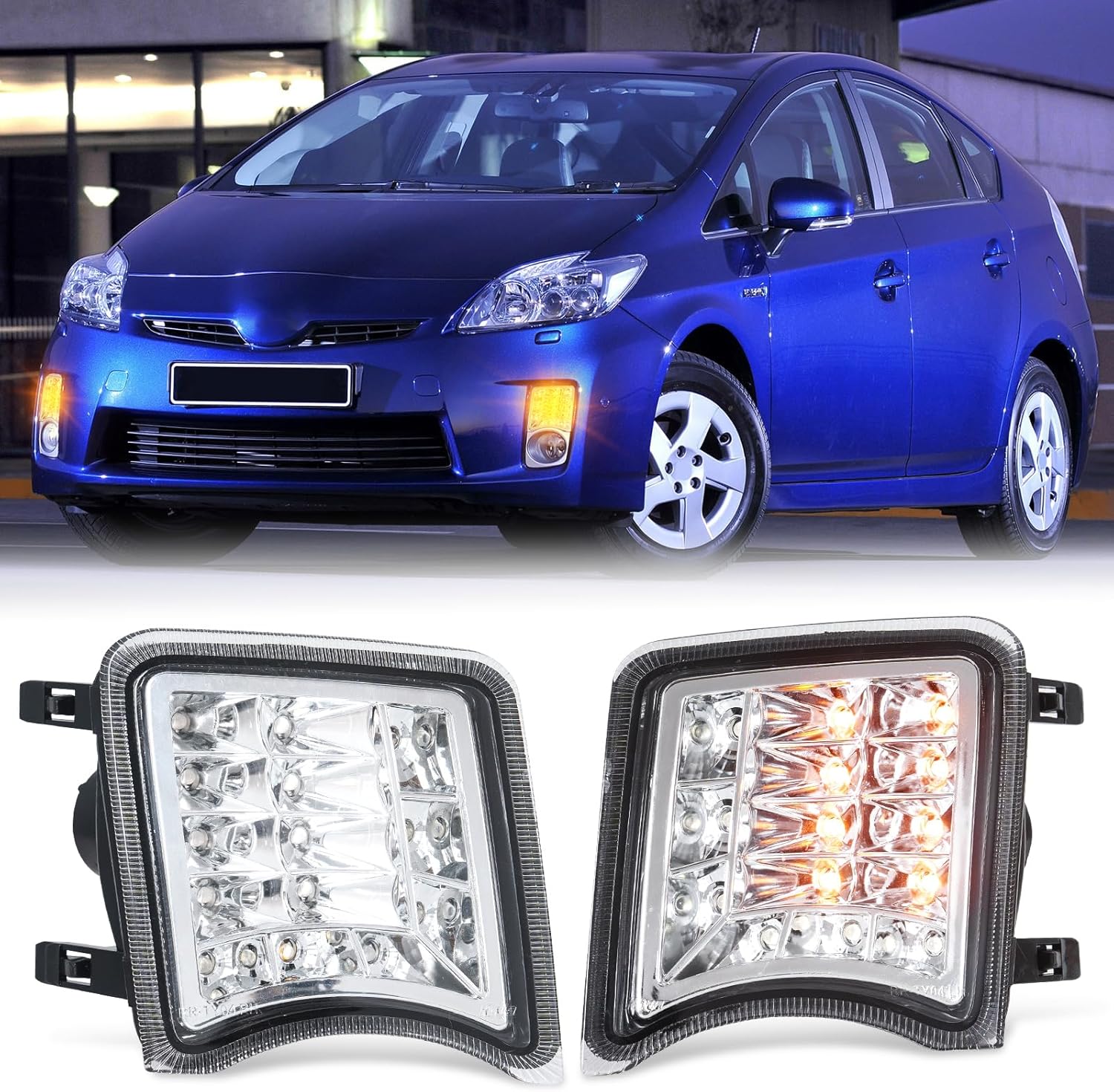 Turn Signal Light Fits for 2009-2011 Prius(3rd Gen, XW30) 2-in-1 White DRL & Amber Turn Signal, DOT & SAE, Plug & Play 2 Pack(Clear Lens) LED Corner Lights