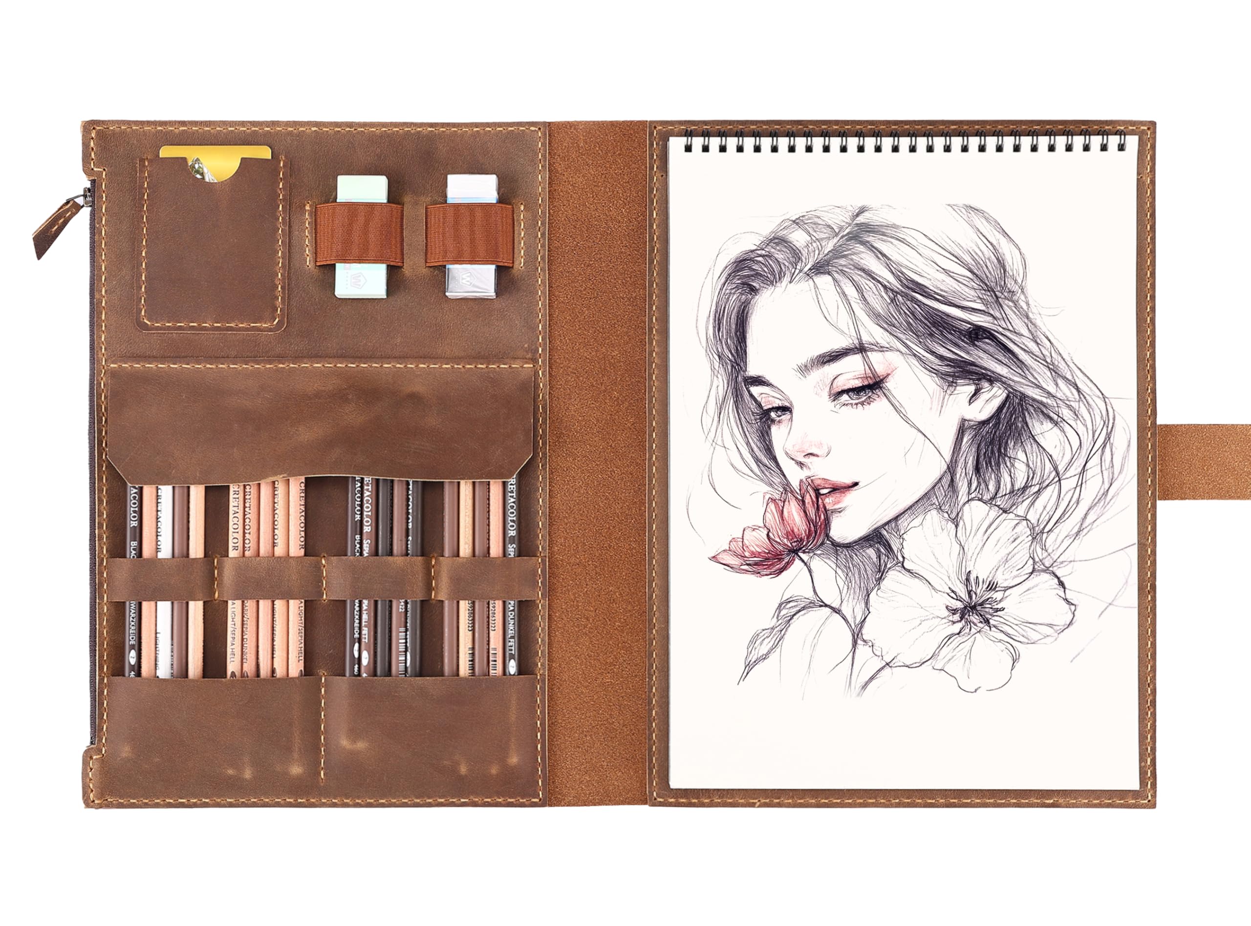 Fasjosma Housse de carnet de croquis en cuir pour carnet de croquis A4/22,9 x 30,5 cm – Fait à la main en cuir véritable avec porte-crayon et poche zippée, fournitures de dessin professionnel (marron