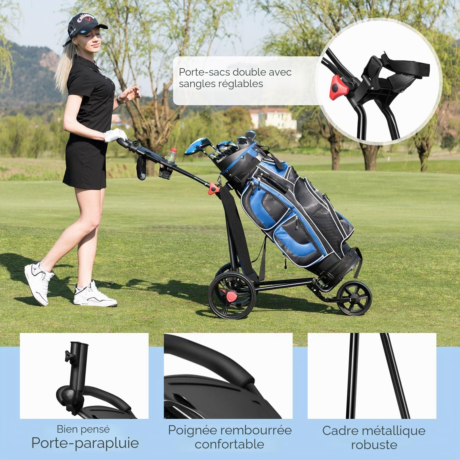 FANTASK Golftrolley Chariot de Golf Adulte Unisexe, Noir, 91,5 x 60 x 129,5 cm (L x B x H)