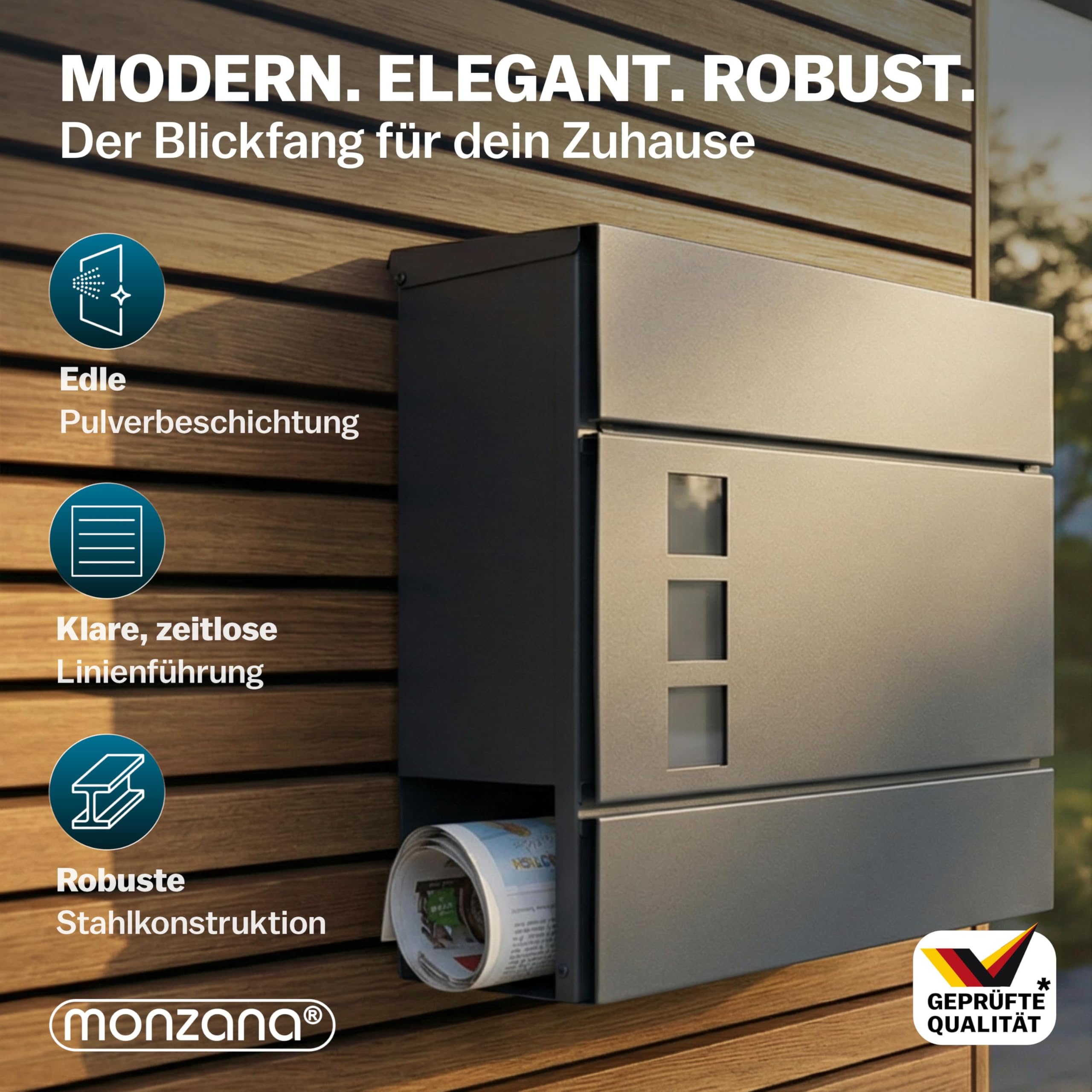 MONZANA® XXL Briefkasten Postkasten mit Zeitungsfach Sichtfenster abschließbar 2 Schlüssel Montagematerial Stahl modern einfache Montage Zeitungsrolle Wandbriefkasten Anthrazit