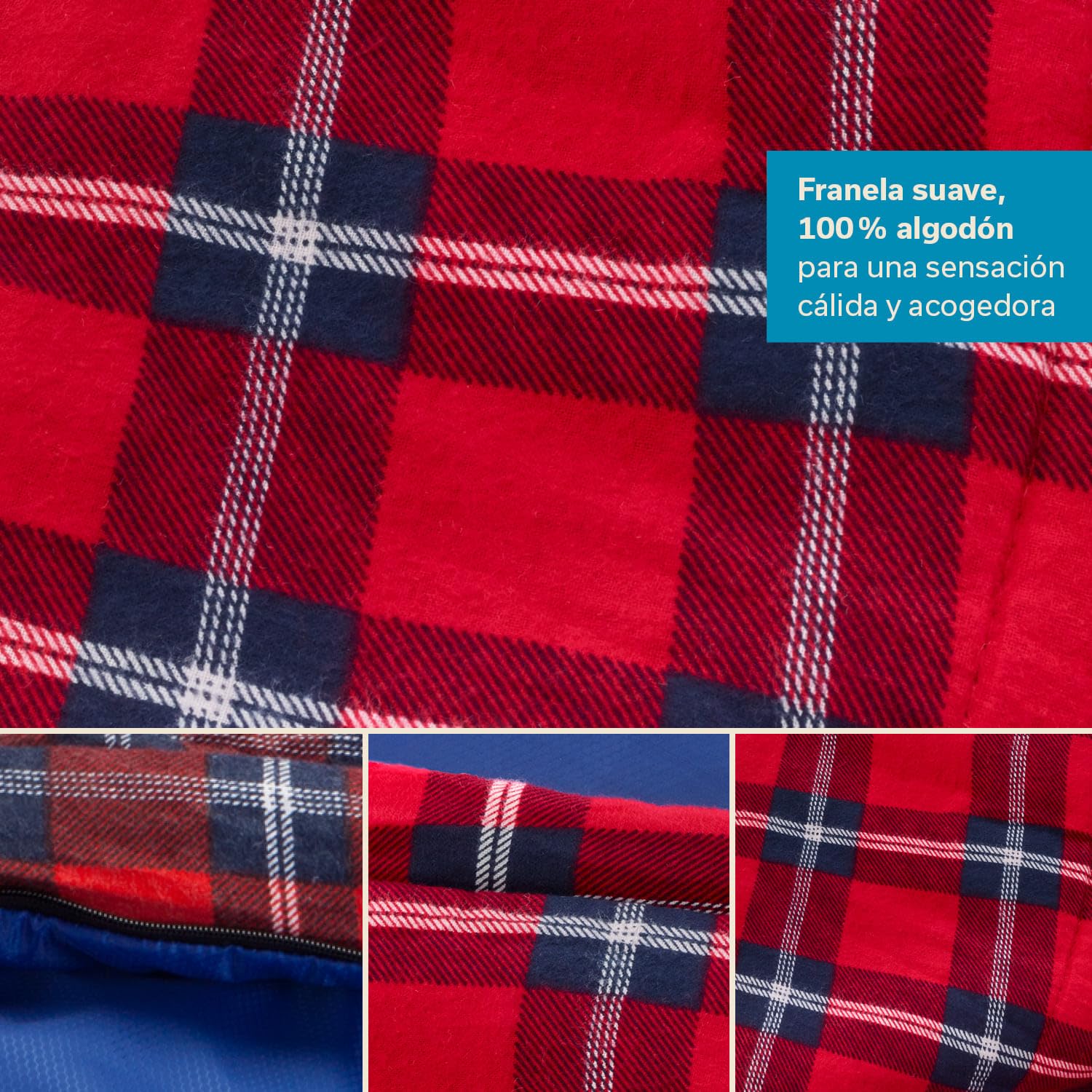 Saco de Dormir Dundee Flannel | Saco de Dormir de algodón para Adultos, acoplable, 3 Estaciones, hasta -20°C, 220 x 80 cm / 220 x 160 cm Saco de Dormir Doble (Azul/Derecha)