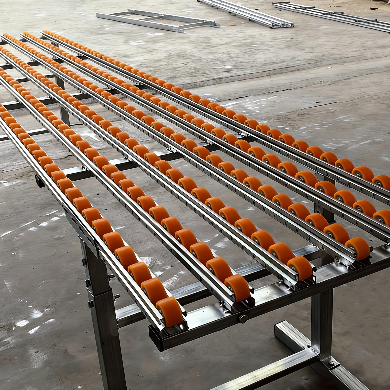 Transportador pesado con ruedas de plástico de 80 cm, ideal para descarga, flujo y manejo eficiente de materiales en soluts logísticos optimizados