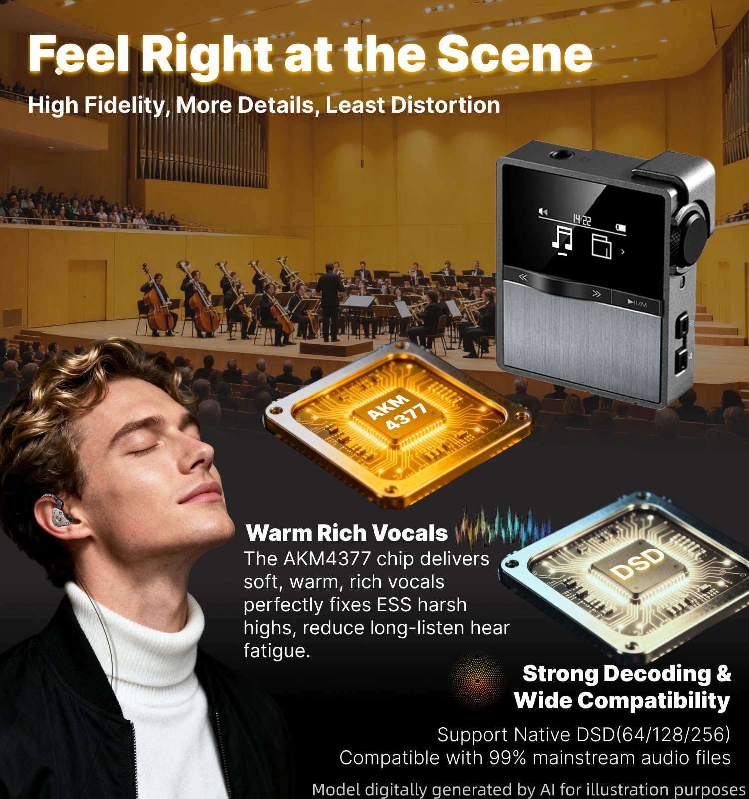 Hmusic Lettore MP3 HIFI con clip rimovibile | Cablato/Bluetooth, DAC, Audio ad alta risoluzione senza perdita, Lettore DSD/FLAC/DAP
