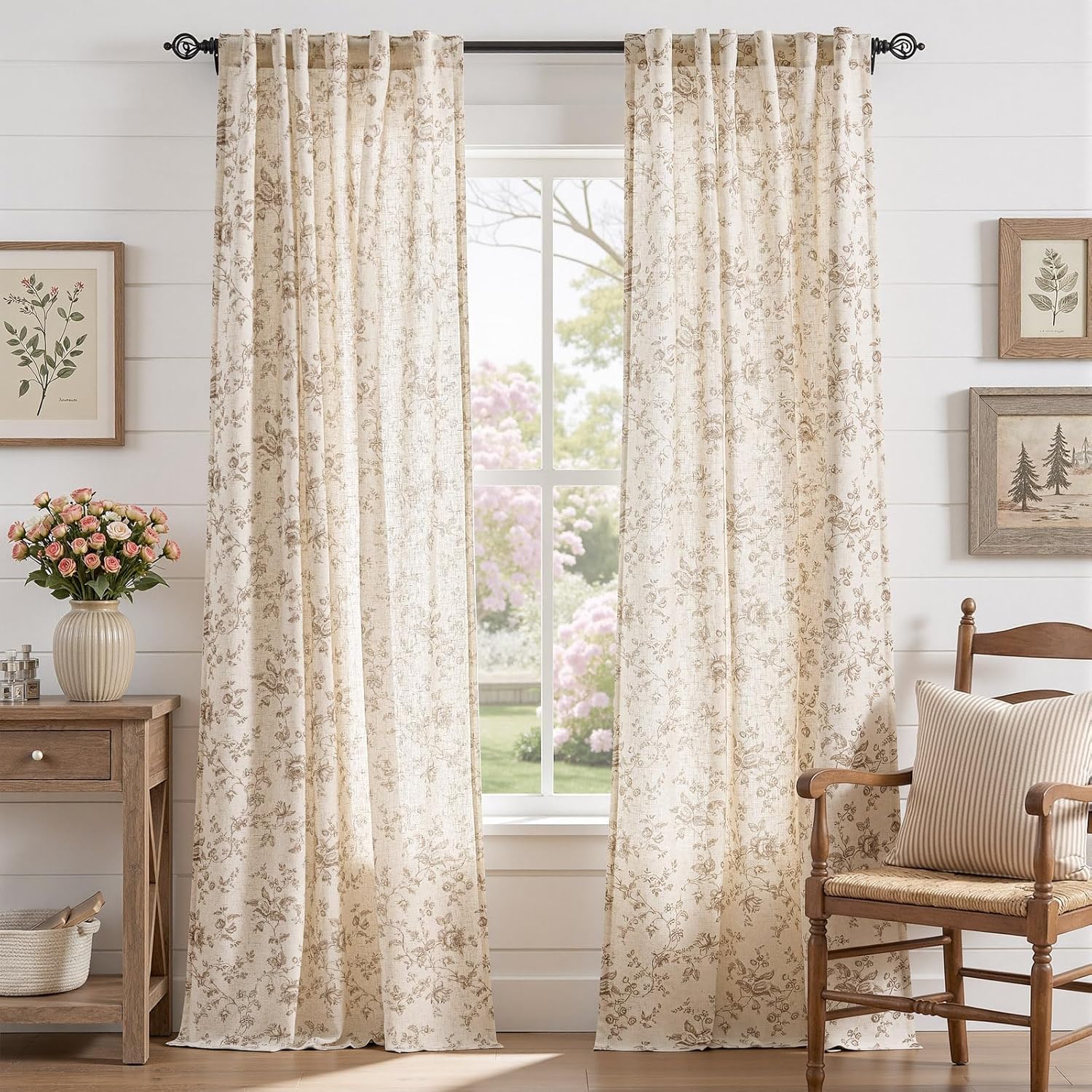 JINCHAN Amlie Linen Floral Curtains 96 Inch Taupe - Light Filtering Farmhouse Drapes for Bedroom Living Room, 2 Panels Rod Pocket Back Tab