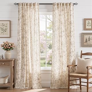 JINCHAN Amlie Linen Floral Curtains 96 Inch Taupe - Light Filtering Farmhouse Drapes for Bedroom Living Room, 2 Panels Rod Pocket Back Tab