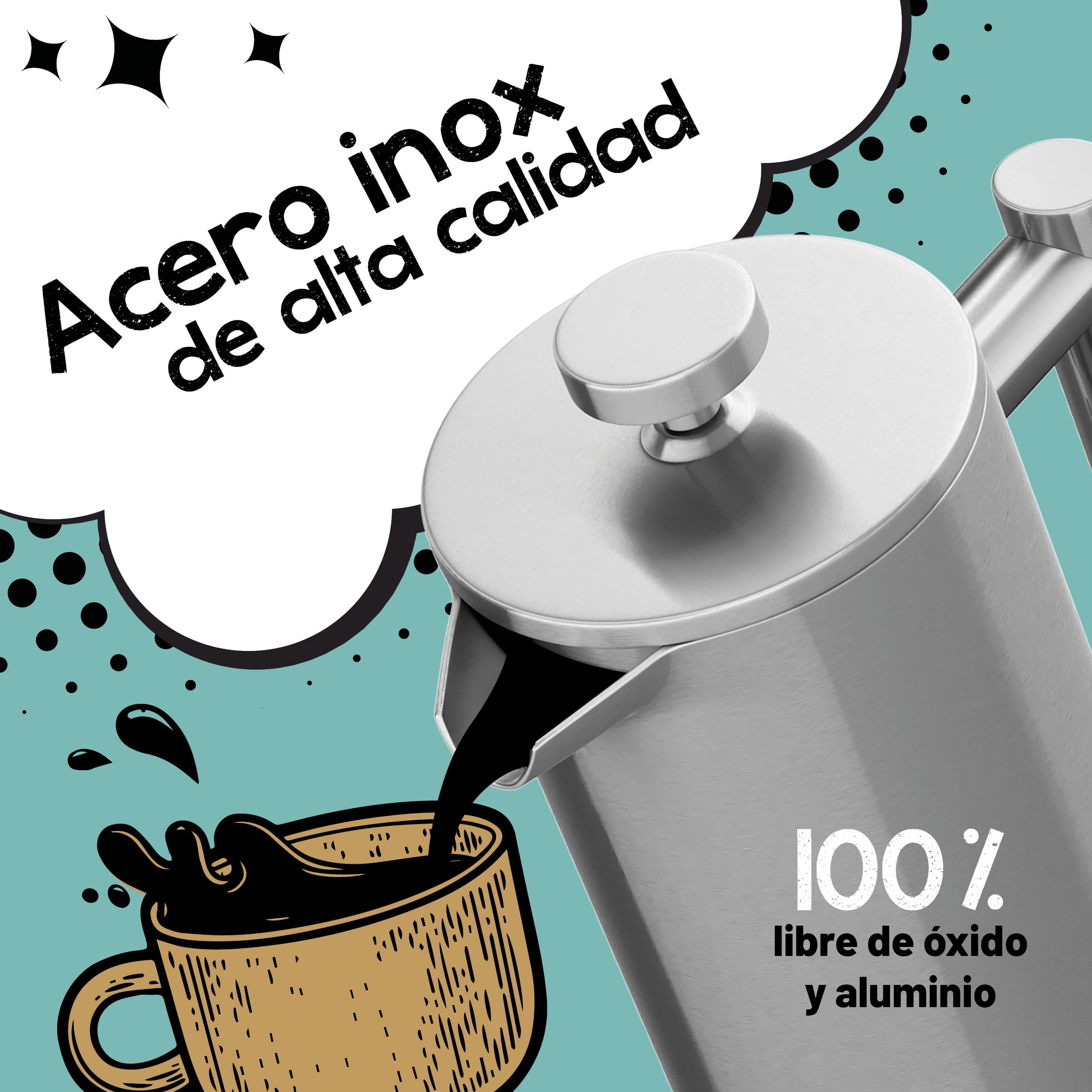 Morgenheld French Press de Acero Inoxidable 1000 ml – cafetera de émbolo 5 tazas con jarra térmica de doble pared – apta para inducción – con escala de medición interior