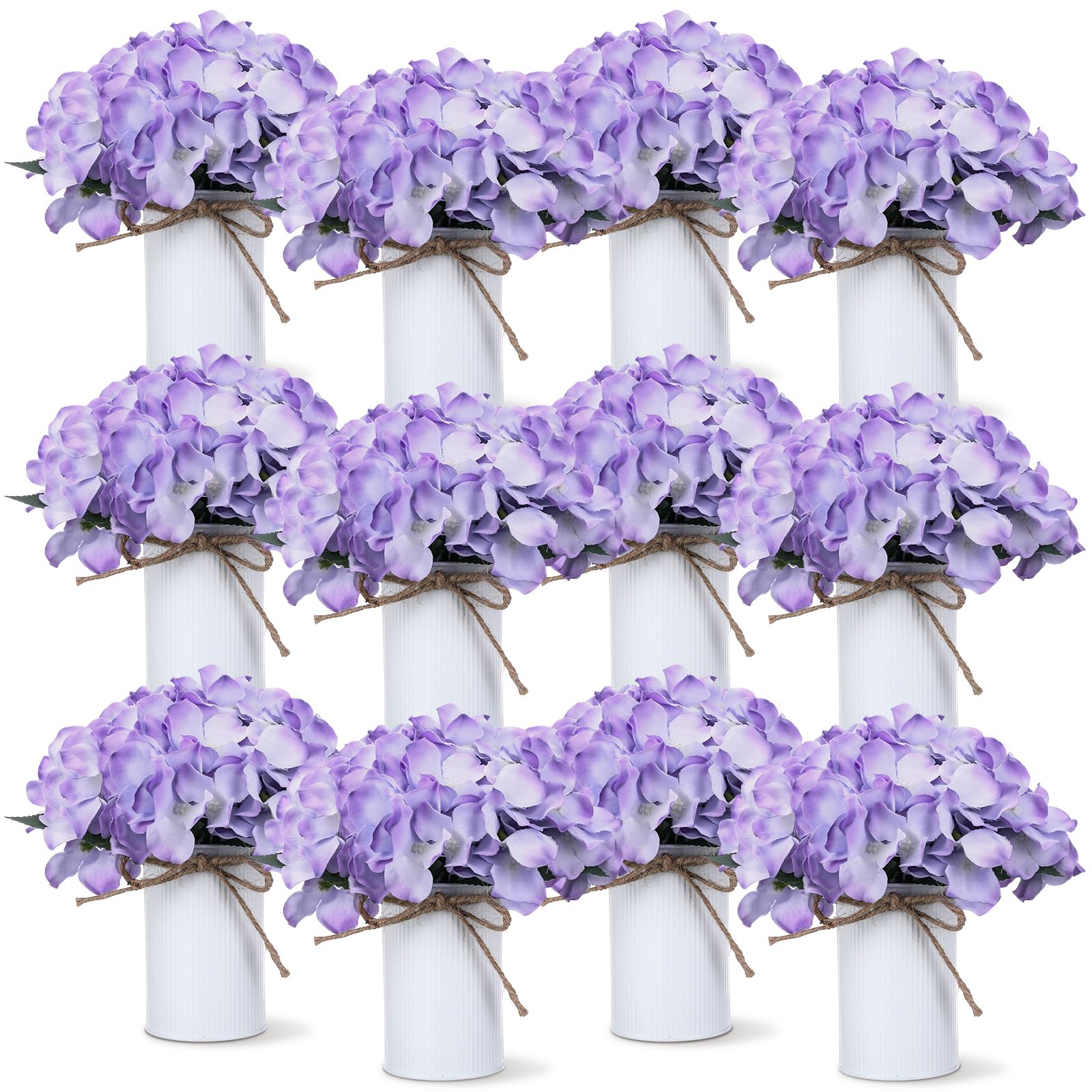 Photo 1 of Zeyune Purple 12 Sets Wedding Flower Table Centerpieces Artificial Hydrangeas with Rustic Metal Vase Fake Hydrangea Flowers in Pot Floral Arrangement for Wedding Bridal Tea Party Table Home Decor