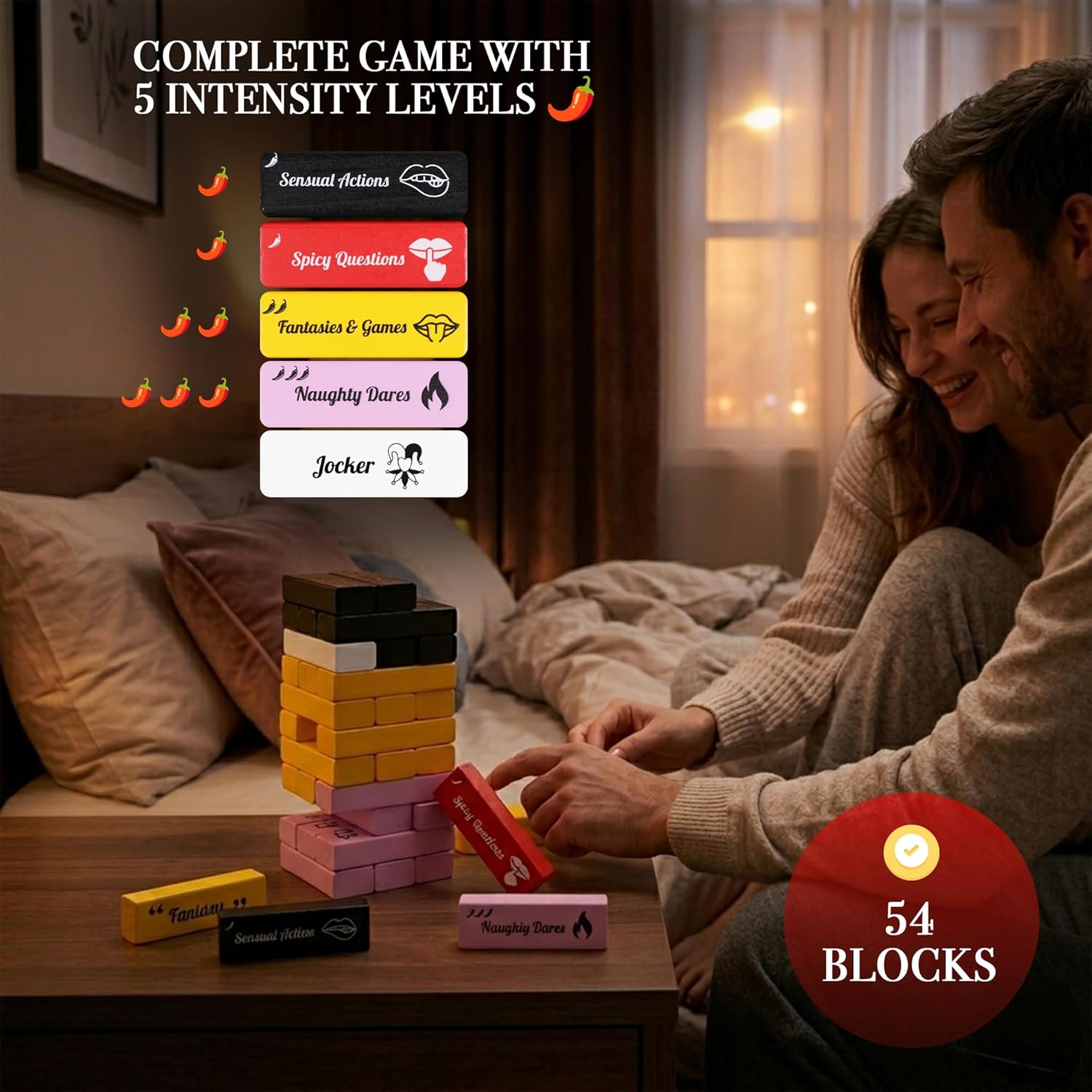 Risk or Drink - Naughty Wooden Block Stacking Tower Game for Couples, 54 Challenges, Blindfold & Dice, Date Night Dares, Do or Drink, Valentine's Day Anniversary Birthday Gift