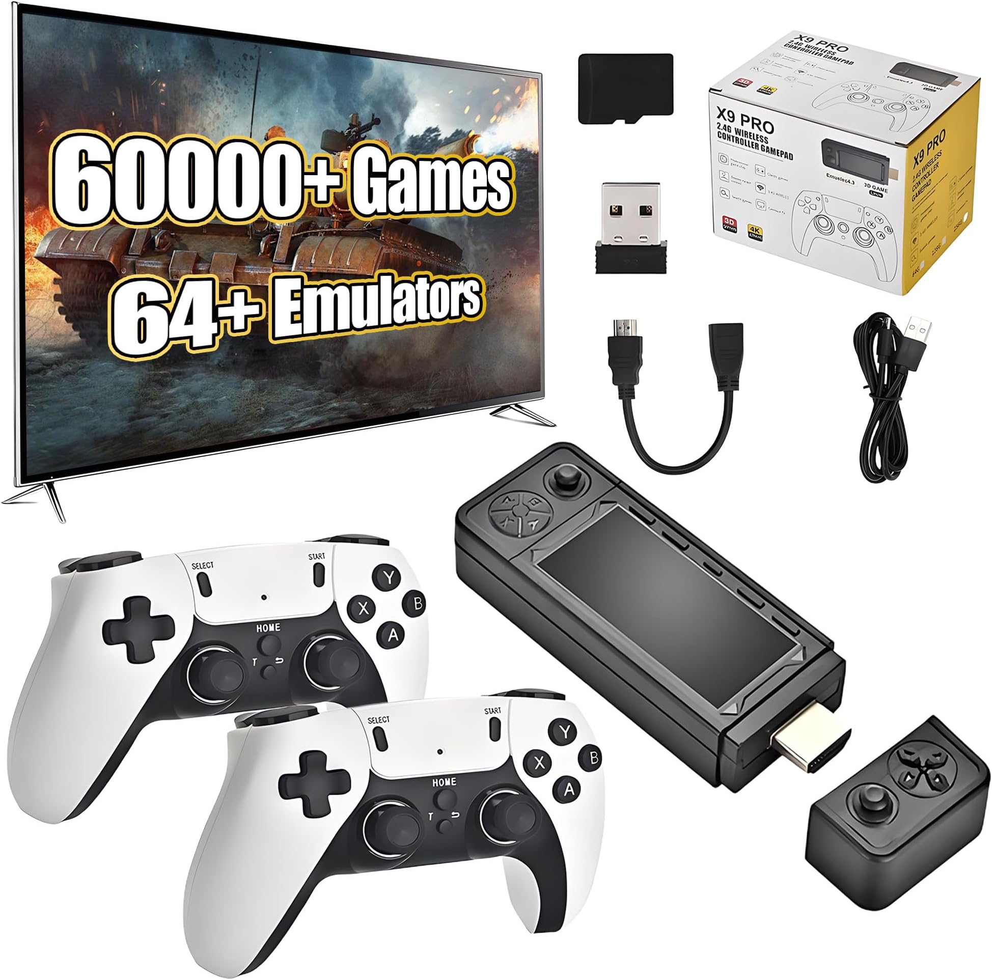 X9 Pro Retro Game Stick 4K,Preloaded Game Console 60000+ Classic Games 64+ Simulators, 2.4G Wireless Controllers, Plug and Play Retro TV Games(256G)