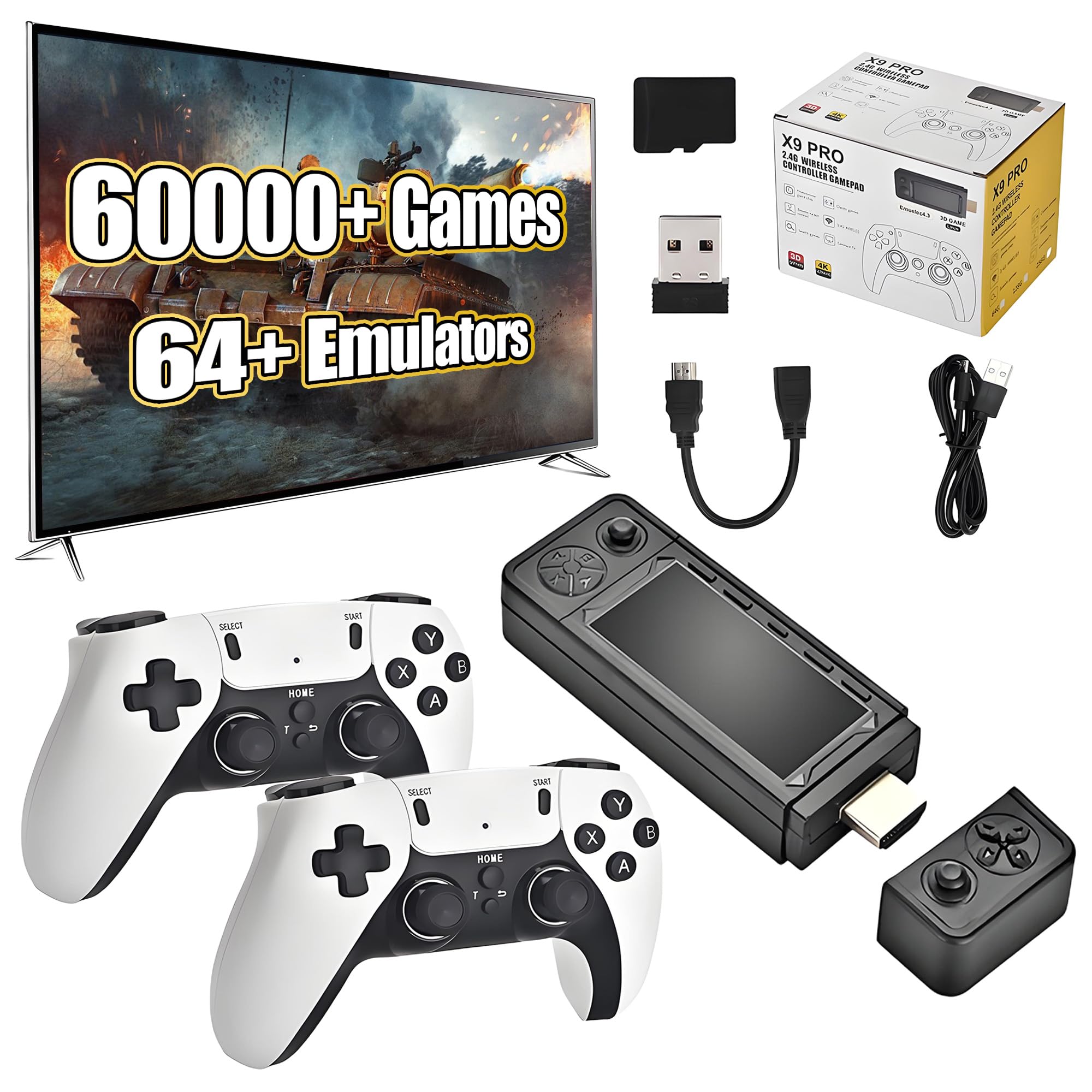 X9 Pro Retro Game Stick 4K,Preloaded Game Console 60000+ Classic Games 64+ Simulators, 2.4G Wireless Controllers, Plug and Play Retro TV Games(256G)