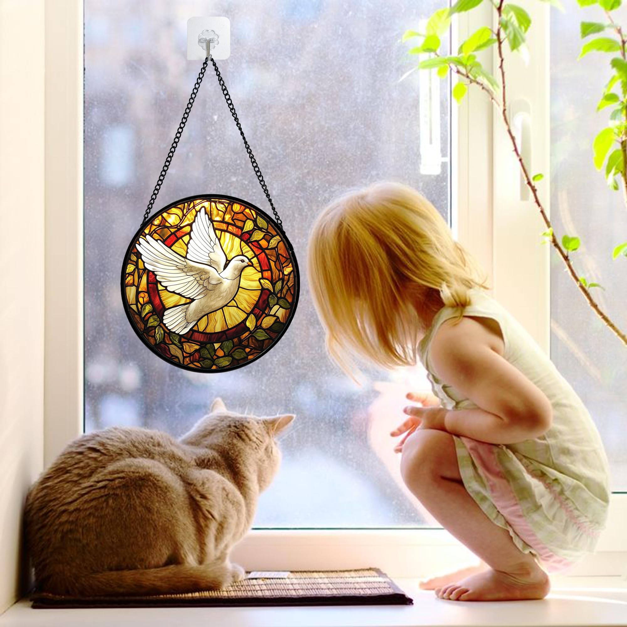 DASTOLL Buntglas-Fensterbehang, fliegende weiße Tauben-Sonnenfänger, Diamant-Glas-Panel-Behang, niedliche Vögel, Sonnenfänger, Dekoration für Geburtstag, für Frauen, Männer, Ehefrau, Tante und Mutter