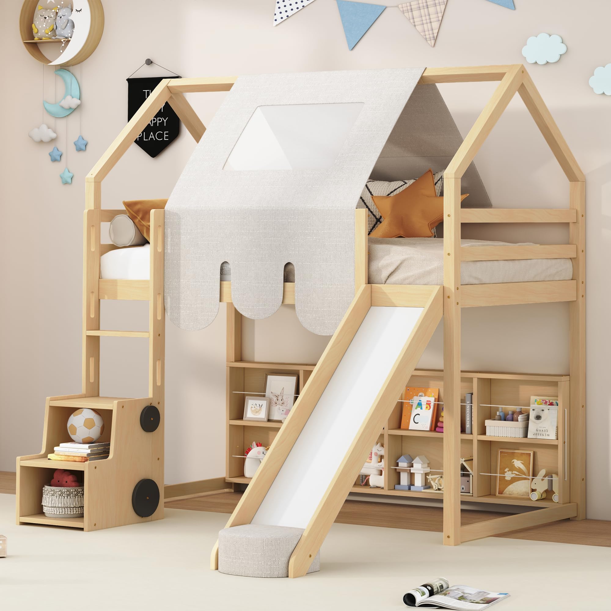 SOFTSEA Twin House Loft Bed with Stairs and Slide, Wooden House Loft Bed with Storage Shelves, Stairway Playhouse Bed with Roof Tent and Ladder for Kids Boys Girls, No Box Spring Needed, Natural