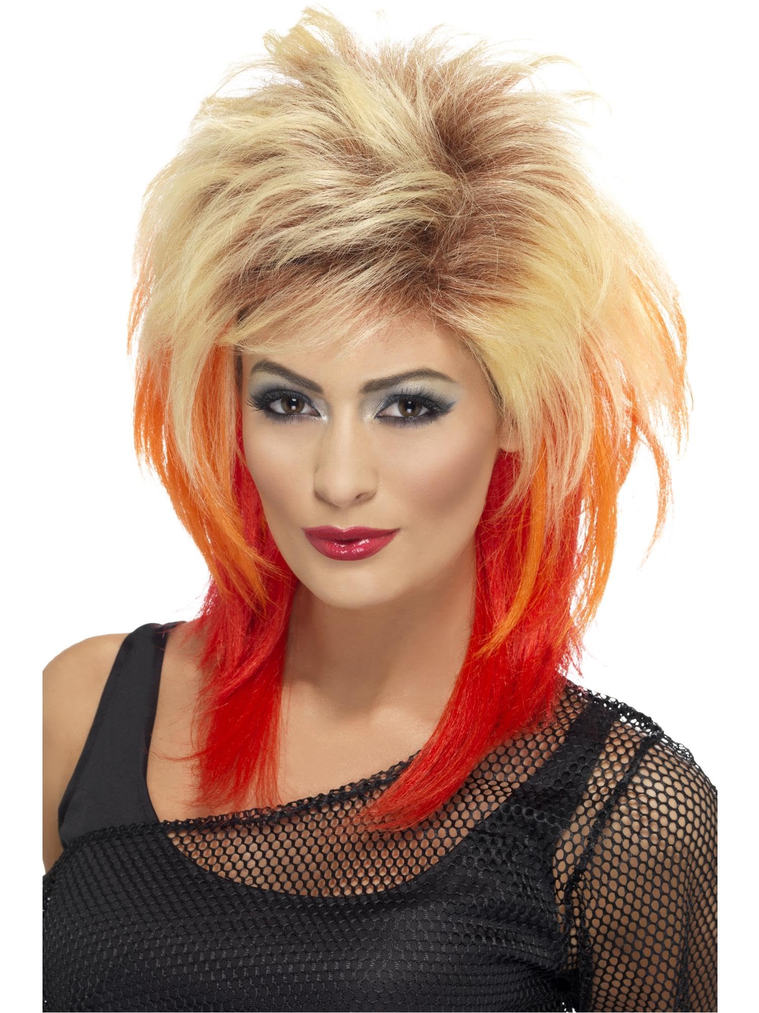 Smiffys 80s Mullet Wig, Blonde with Red Streaks, 1980's Fancy Dress, 1980s Dress Up Wigs