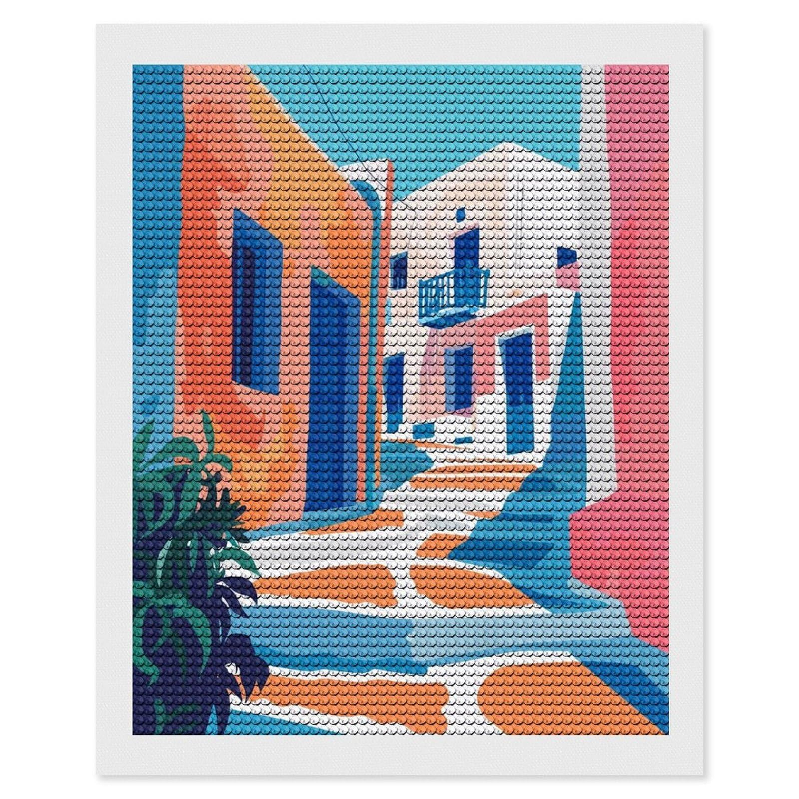 Junmoney Mykonos Greece Abstract Diamond Art Canvas 16"x20", Full Kit Included, Bedroom Decor, for Beginners, Thoughtful Handmade Gift