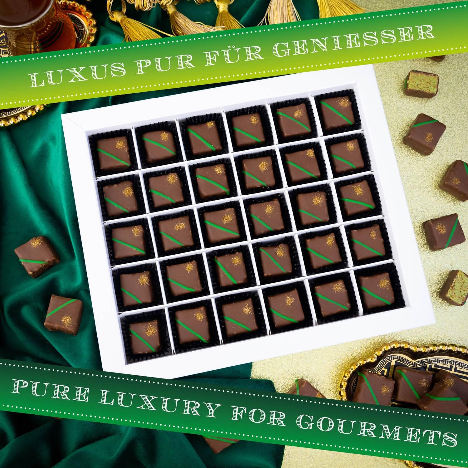 Hallingers Genuss Manufaktur Dubai-Style Pralinen Geschenk - ohne Alkohol, handmade aus Confiserie-Edelkakao in wertiger XXL-Geschenkbox "Dubai Pralinen", Geschenkidee für Frauen Männer