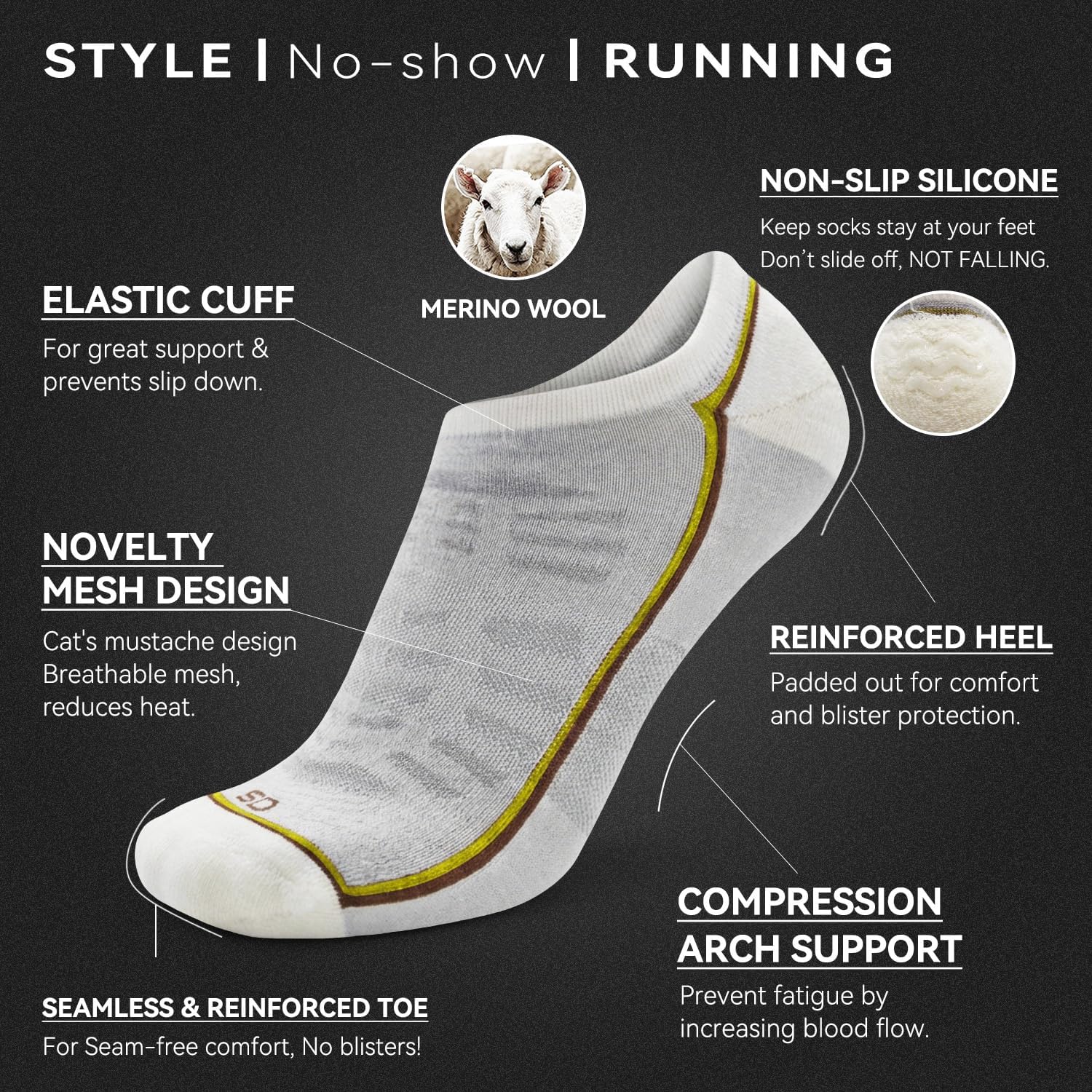 Socks Daze Thin No Show Merino Wool Athletic Running Walking Socks for Men Women Low Cut Soft Socks with Non-slip Grips