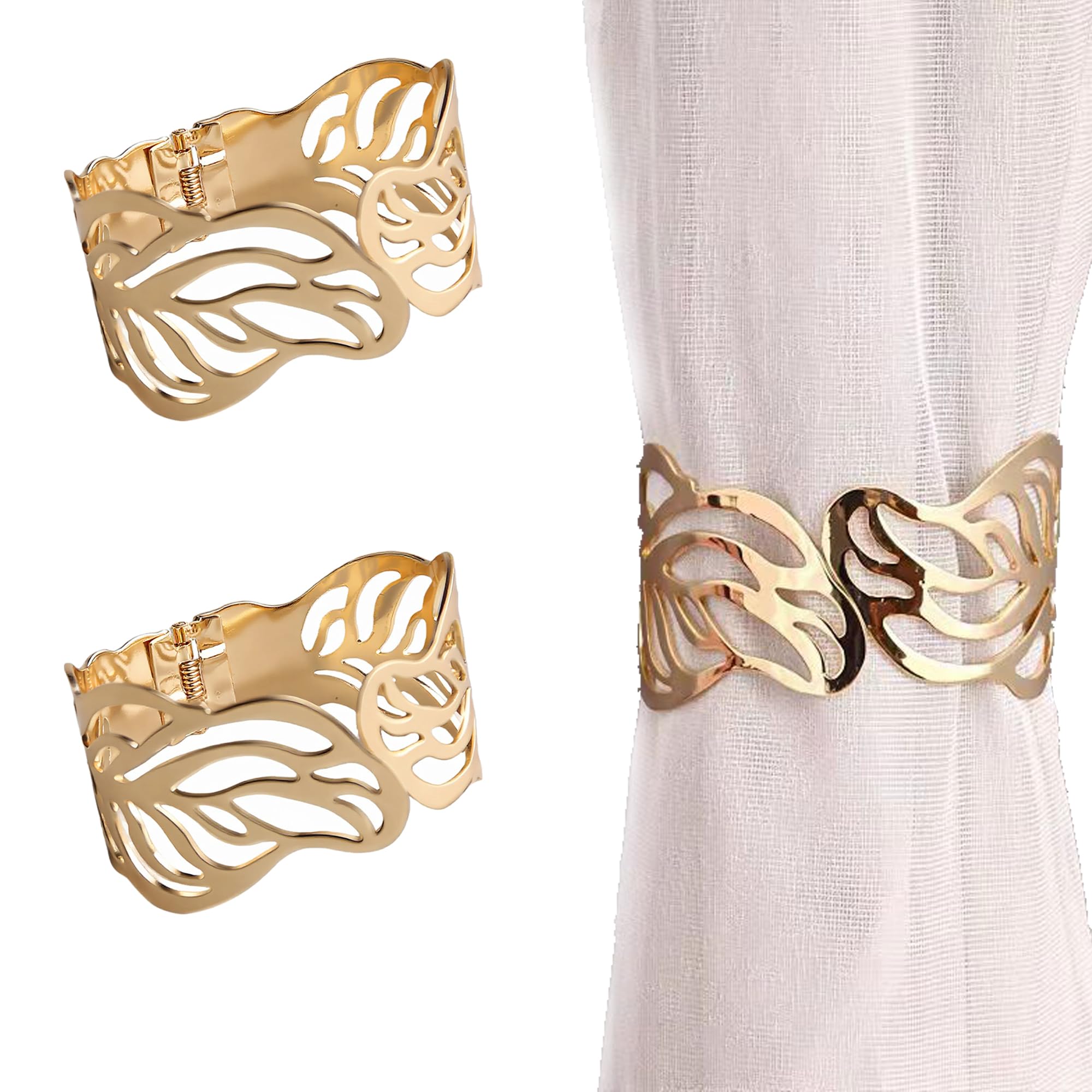 2 Pcs Gold Curtain Tie Backs, Hollow Leaf Curtain Holdbacks for Drapes, Decorative Versatile Spring Design Clip, Chic Metal Window Treatment for Home Office Decor