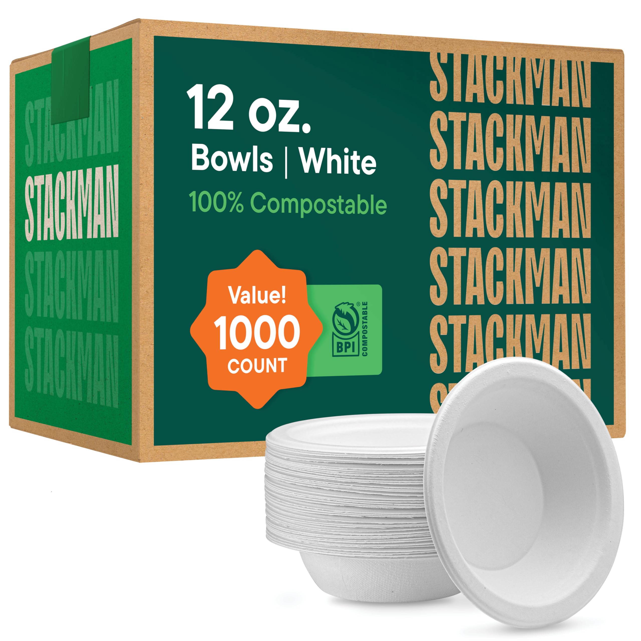 - 100% Compostable Paper Bowls 12 oz. [1000 Count] Heavy-Duty Soup Bowls - Natural White Color Unbleached Bagasse Bowls - Eco-Friendly Disposable Biodegradable Sugarcane - [Bulk Case 8 x 125 Pack]