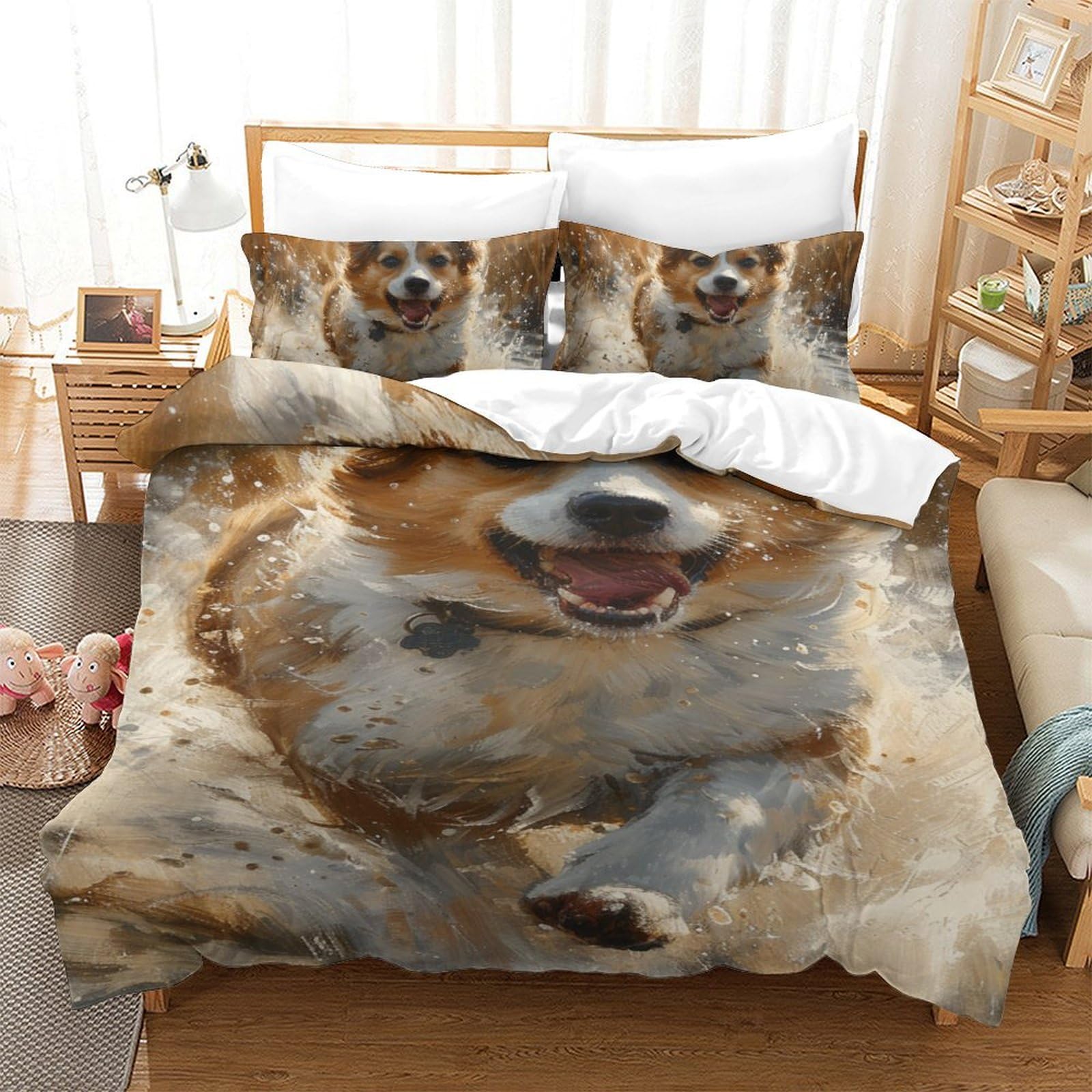 Housse de couette chien 3D en microfibre 140x200 cm avec taies pour lit enfant