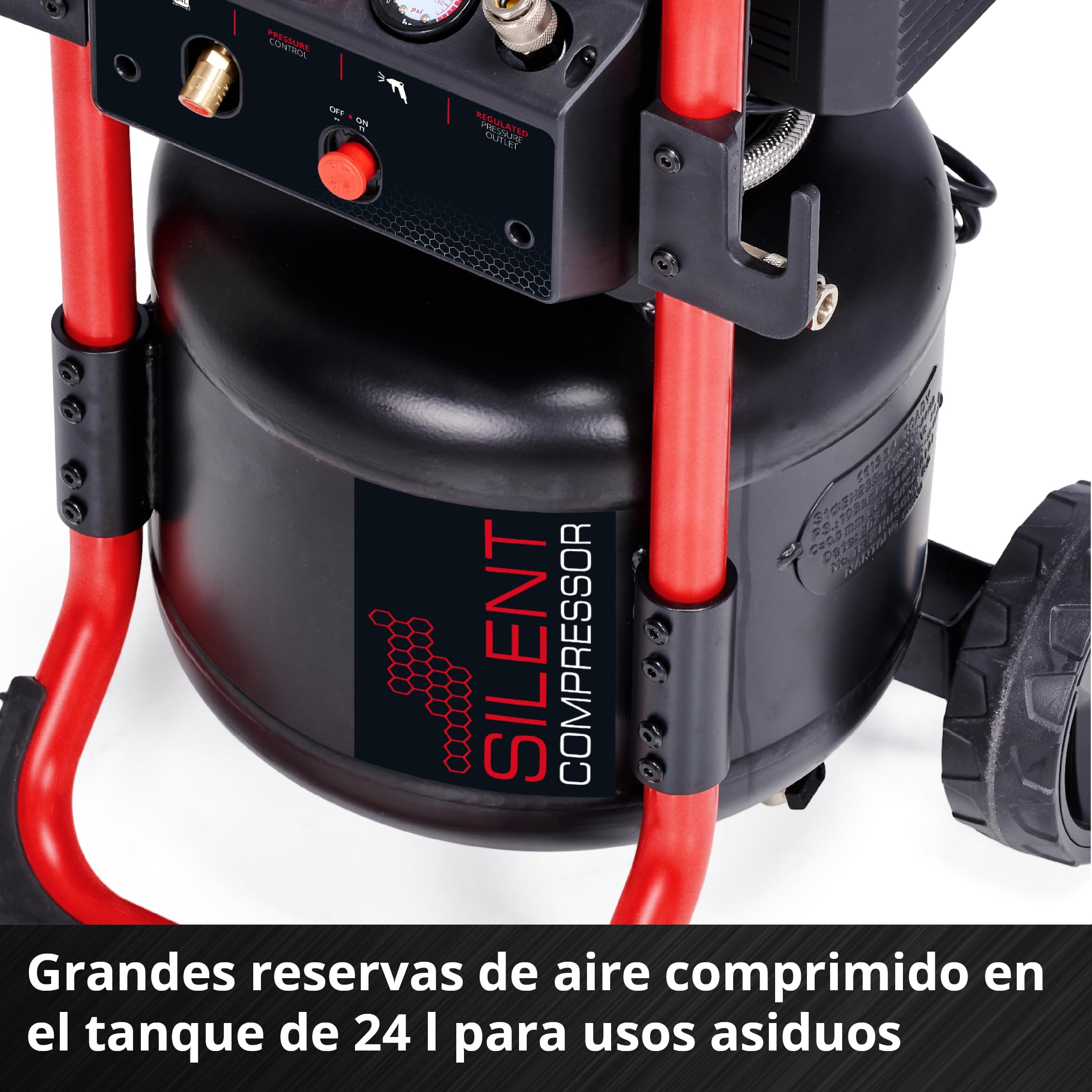 Einhell Compresor TE-AC 240/24 Silent (1500 W, máx. 10 bar, depósito 24 l, sin aceite, potencia de aspiración 240 l/min, compresor silencioso 70 dB, 2 manómetros, reductor de presión)