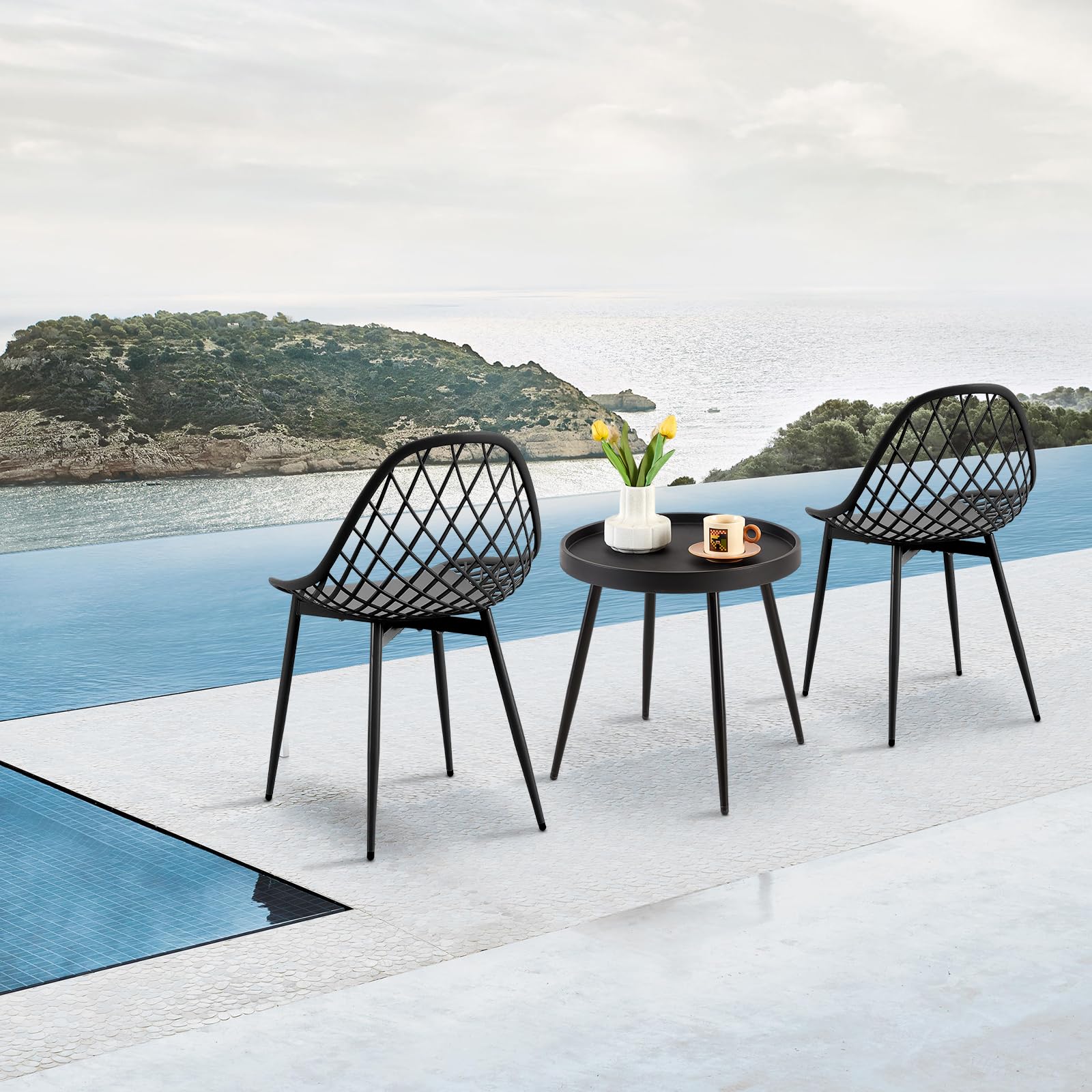 Set di 2 sedie da giardino in metallo, set da 2 sedie da bistrot per esterni, ergonomiche, adatte per interni ed esterni, colore: nero, 2 sedie + 1 tavolino da caffè
