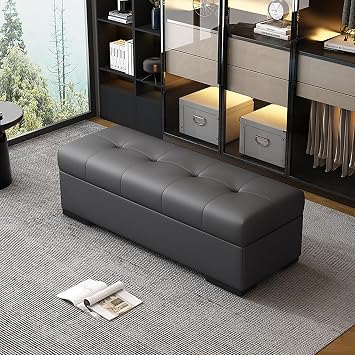Leather Storage Ottoman Bench,Large End of Bed Ottomans,Load up to 660 lb Ottoman with Storage,Upholstered Entryway Bench with Seating for Living Room, Bedroom, Entryway Dark Gray 70x40x40cm