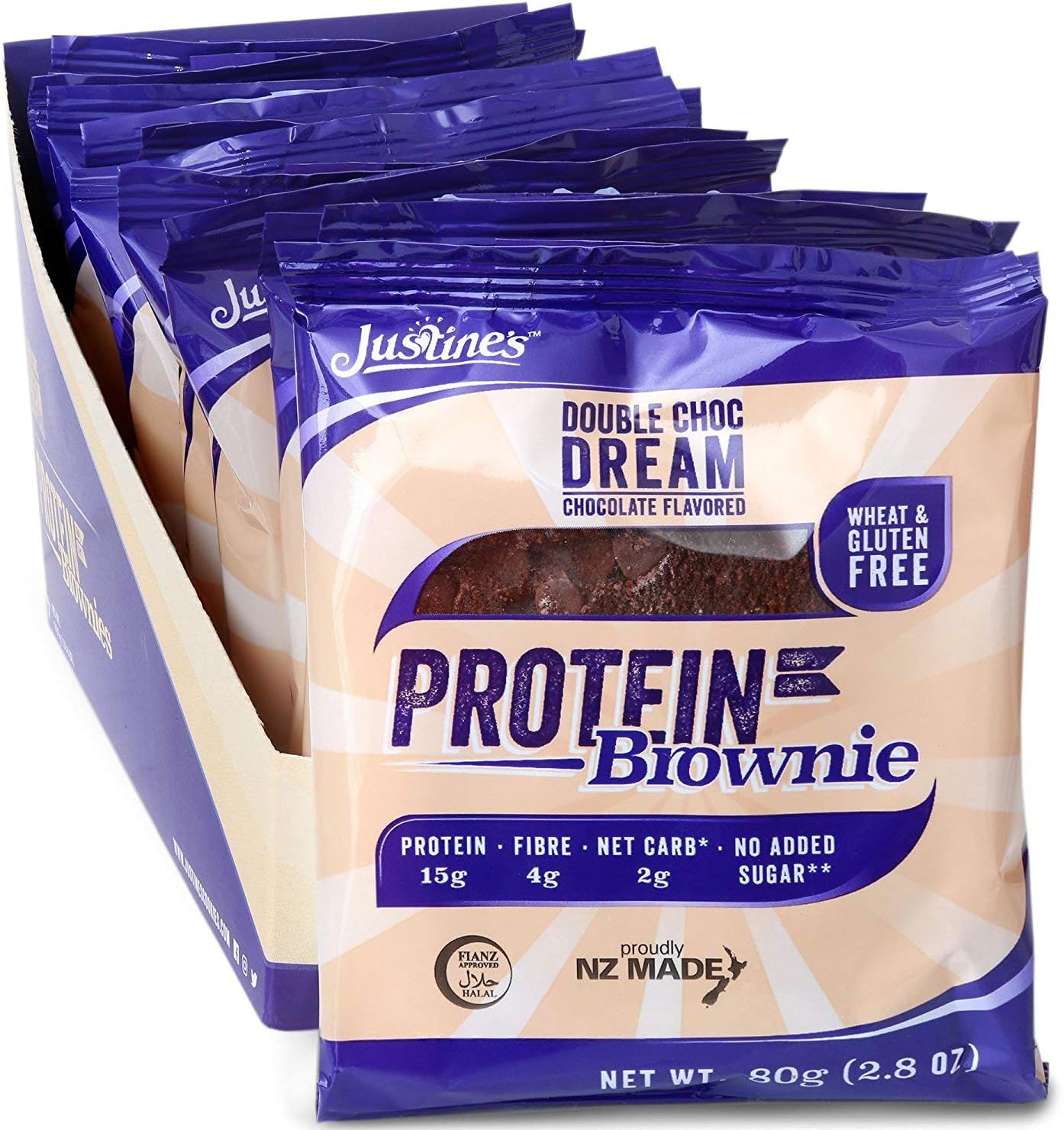 Justine's Double Chocolate Dream Brownie, Soft Baked High Protein Healthy Snack Cookie, Ultra Low Carb, No Added Sugar, No Gluten or Wheat, Made in New Zealand (2.82 Ounce, 12 Pack)