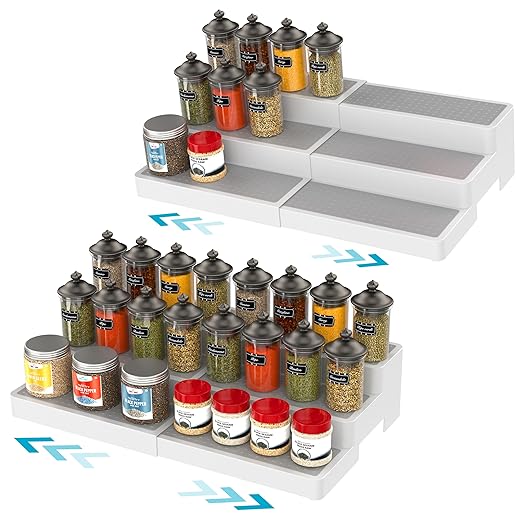 YAN & HIN Pack of 2, 3-Tier Expandable Non-Skid Spice Racks - Ideal for Kitchen, Pantry, Medicine Cabinet - Shelf Organizer for Seasoning and Canned Food, White, OR280001