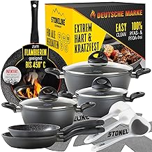 STONELINE Ceramic Keramikpfanne Töpfe Set 14 teilig 18/20/24 cm Töpfe Pfannen PFAS-frei Topfset Pfannenset Induktion Kochgeschirr Set mit Deckel Keramikbeschichtung mit echten Steinpartikeln, Grau