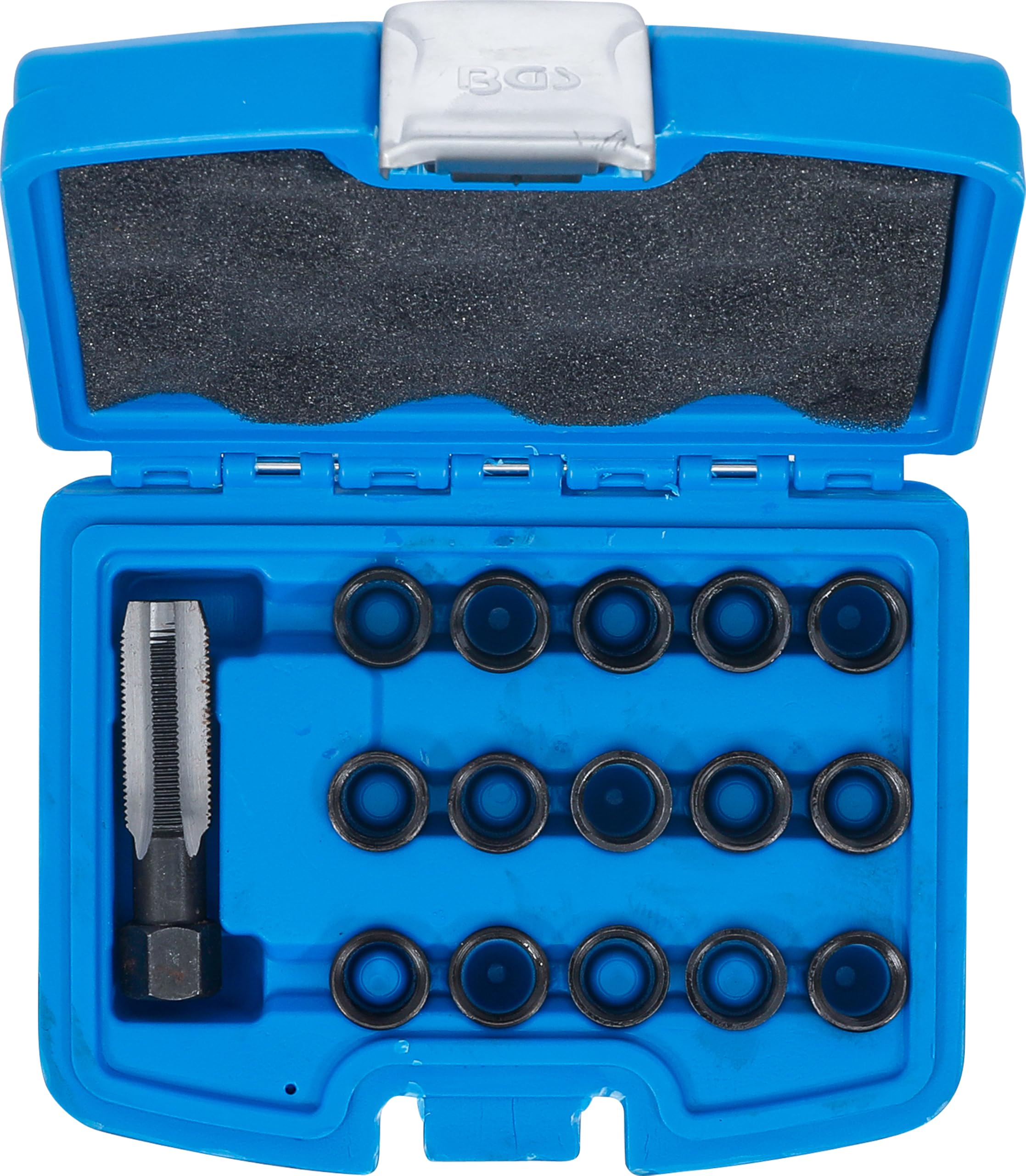 BGS 149 | Juego de reparación de roscas de bujías | M14 x 1,25 mm | 16 piezas | Macho de roscar de acero HSS-G, hexágono exterior de 16 mm, insertos de rosca 11, 16, 19 mm, negro bruñido