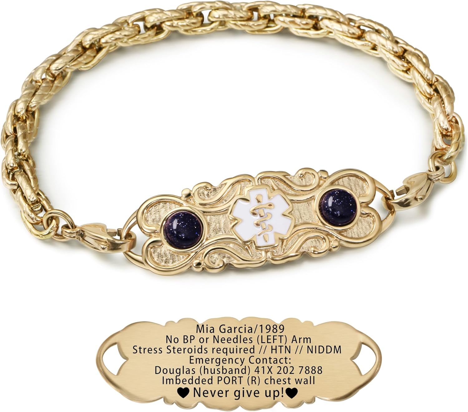Custom Engraved Medical Alert Bracelet for Women - Natural Stone, Waterproof Stainless Steel, Personalized Emergency ID for Diabetes/Allergy/Blood Thinner/Epilepsy, Daily Wear