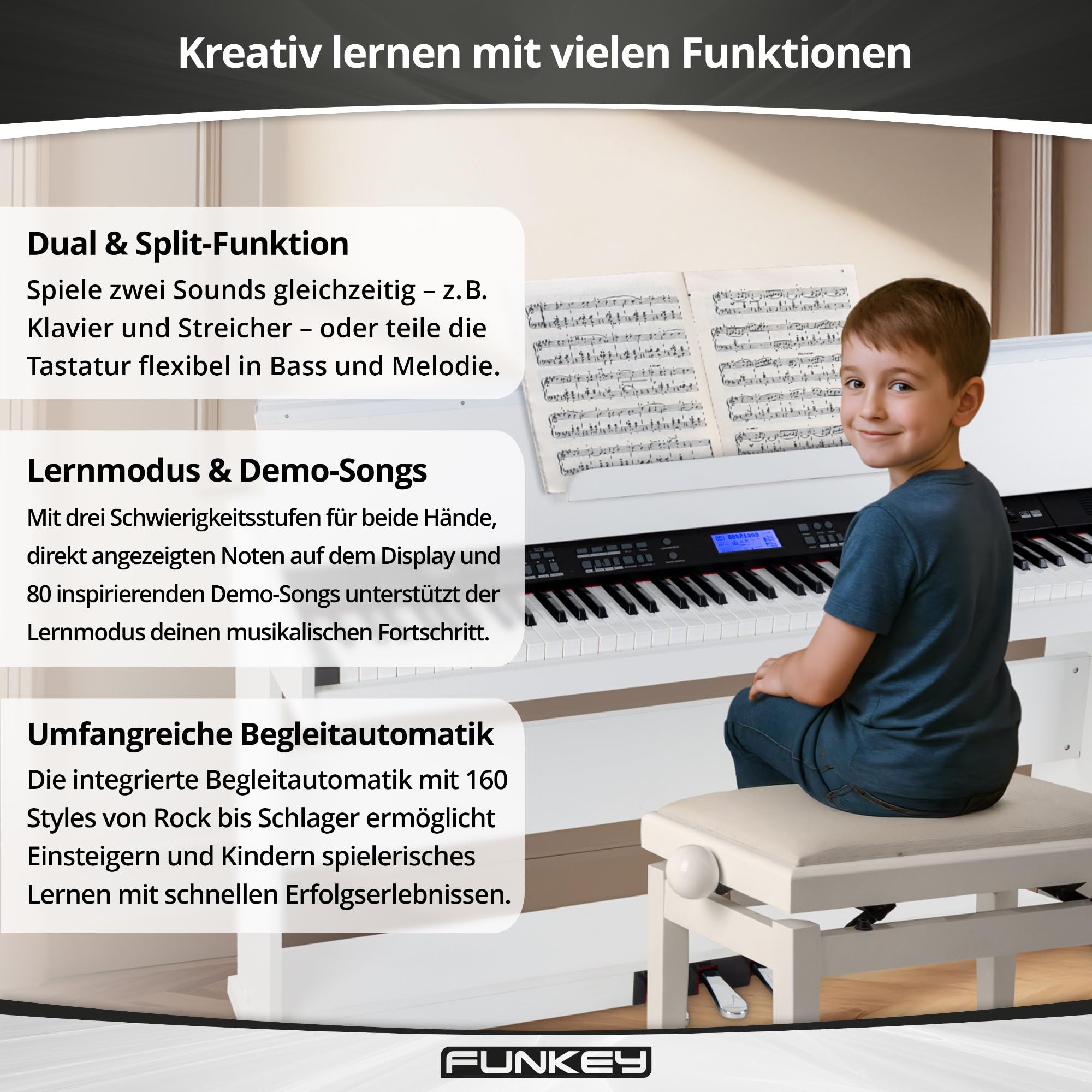 FunKey DP-88 II Digitalpiano (88 anschlagsdynamische Keyboard-Tasten, 128-fach polyphon, 360 Sounds, 160 Styles, MP3-Player, Lernfunktion, Record- & Playback-Funktion, 3 Pedale) weiß