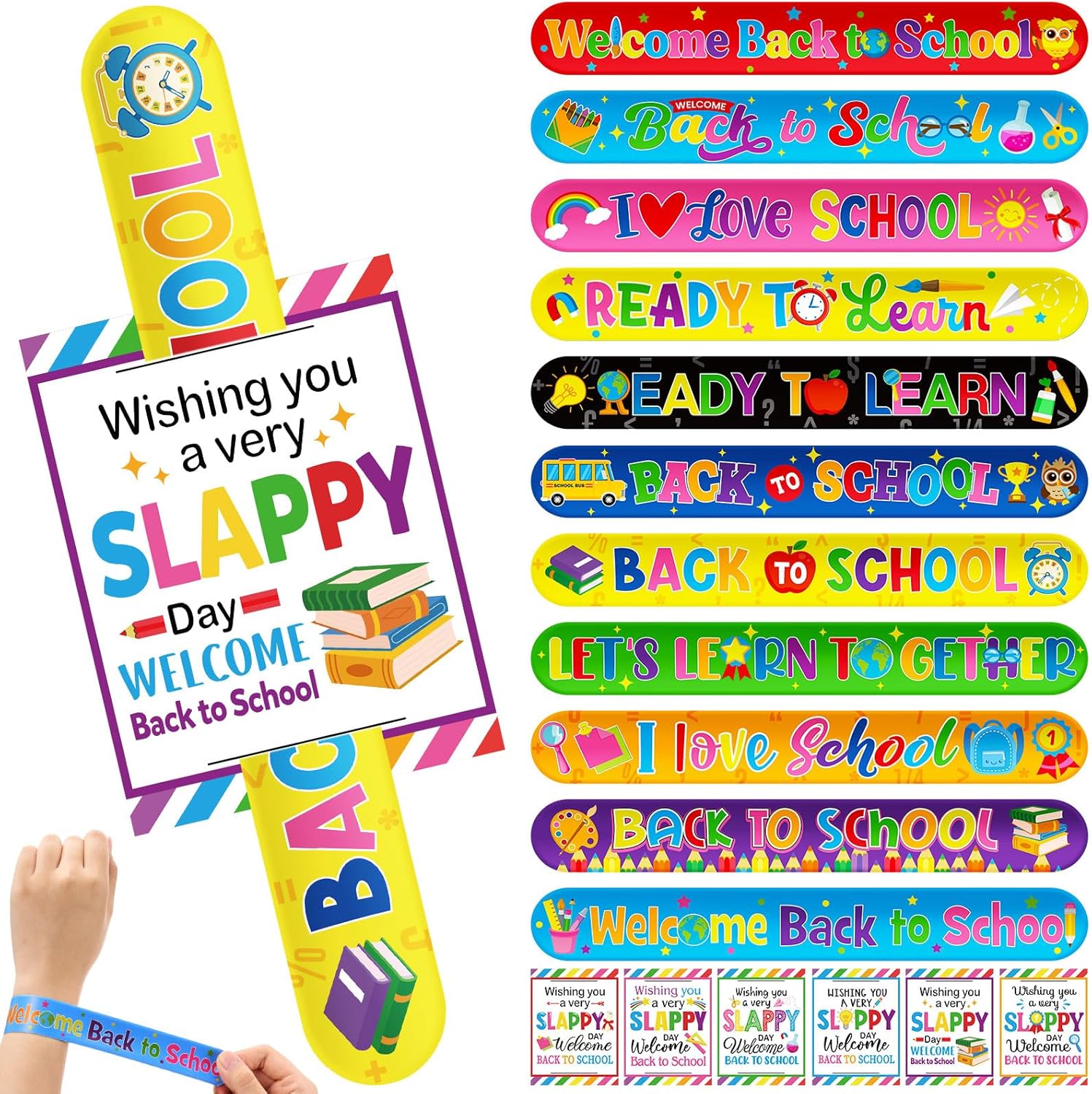 Soulchen 96 Pcs Back to School Slap Bracelets with Cards Set Colorful Welcome Back to School Slap Bracelets Party Favors Wristbands Set for Party Supplies Decorations Gifts Prize Rewards