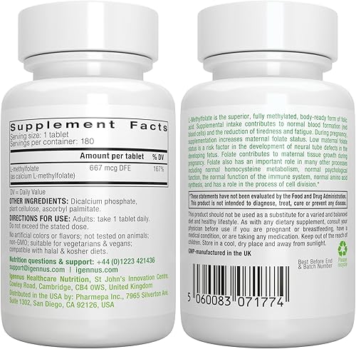 Miniatura 6 de Folato puro de 400 mcg, metilfolato optimizado, etiqueta limpia, 180 tabletas pequeñas, verificado en laboratorio, vegano e hipoalergénico,