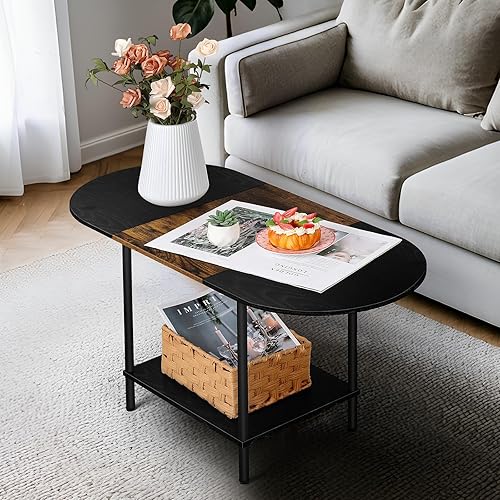 Mesa auxiliar ovalada de granja con almacenamiento, mesa central de madera de 2 niveles para sala de estar, mesa de centro moderna de mediados de