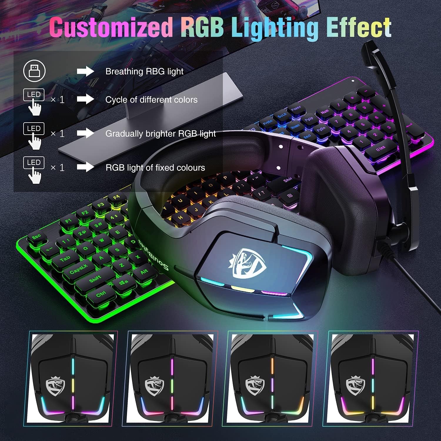Soulbytes PS4 Gaming Headset for Xbox One PS5 Switch PC Headphone with Microphone Dynamic RGB LED Effect Gamer Headsets for Computer Laptop 3.5mm Wired Stereo Bass Over Ear with Mic