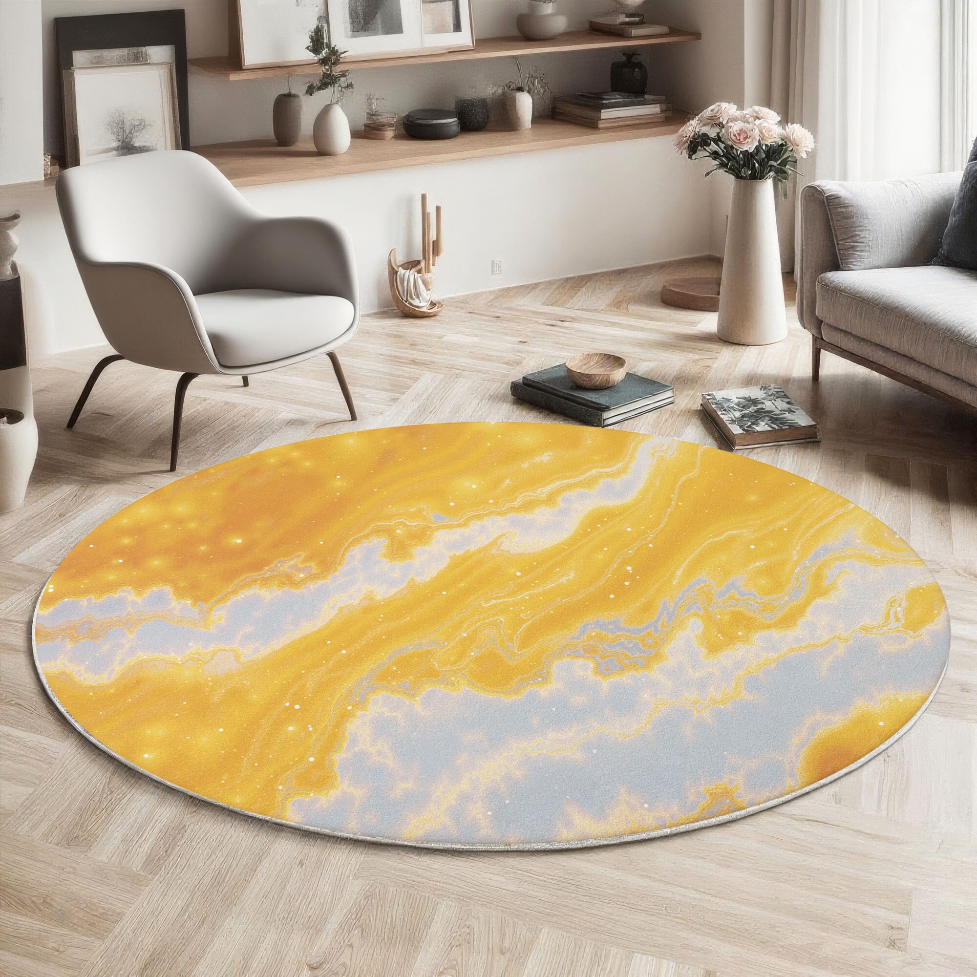 Tapis rond vagues abstraites scintillant jaune de 120 cm lavable et antidérapant pour salon
