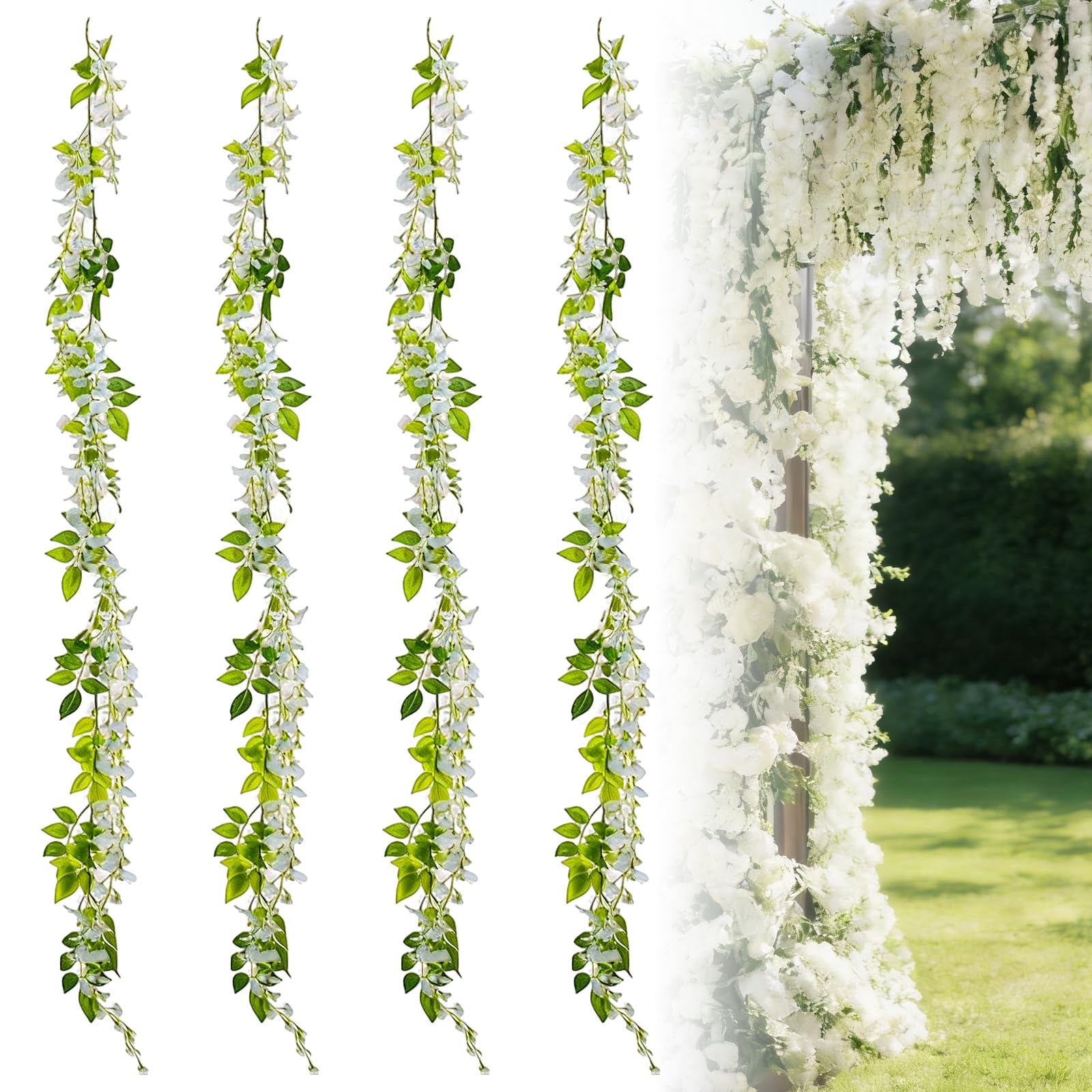 Vrexziy 24Ft Wisteria Artificial Flowers, 4 Pack Wisteria Hanging Flowers, Artificial White-Wisteria Vine Silk Flower Garland Suitable for Wedding Garden Home Party Decor(White)