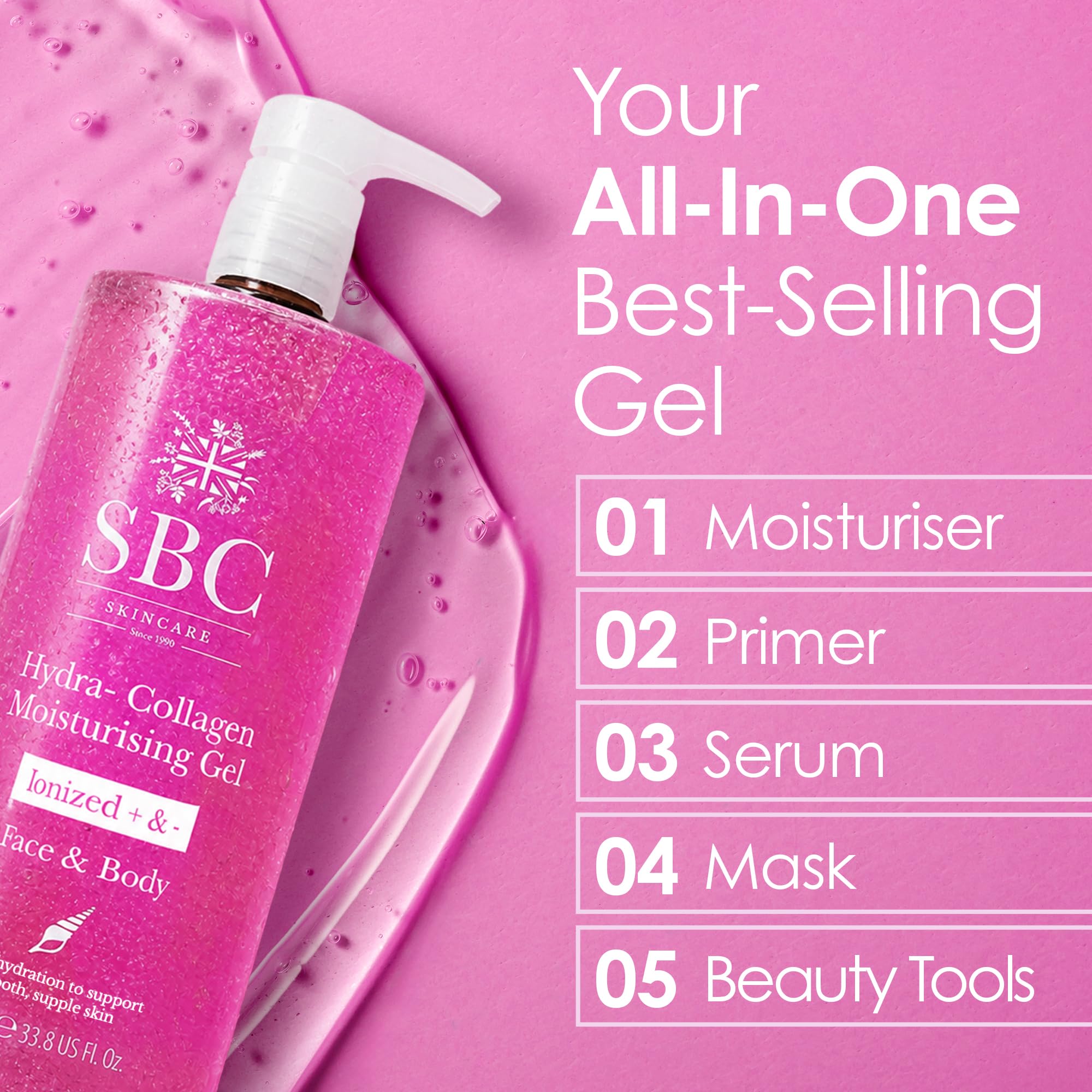SBC Skincare - Gel Idratante Viso e Corpo Hydra-Collagen Moisturising - 1 Litro - Con Collagene Marino - Aiuta a Nascondere le Linee d'Espressione