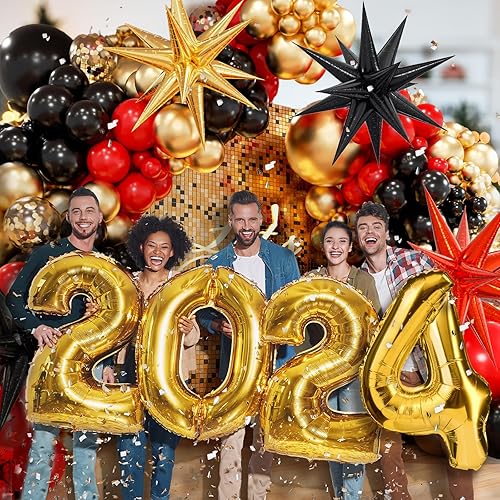 Miniatura 9 de FOTIOMRG Kit de arco de globos rojos, negros y dorados con 3 globos en explosión de estrellas, guirnalda de globos rojos, negros y dorados para