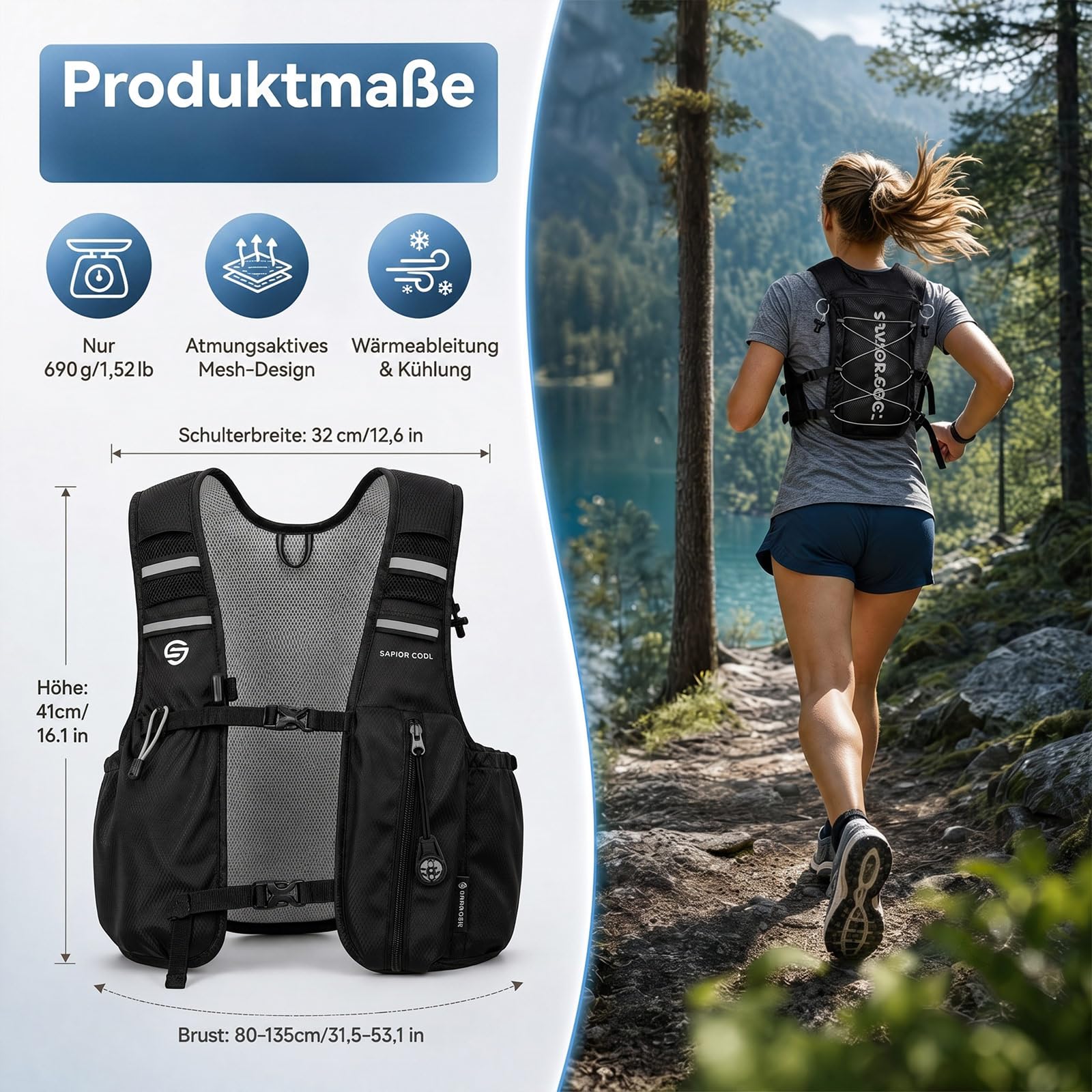 Kühlende Laufweste mit Trinkblase 2L, 10L Trinkrucksack, 3 Kühlpacks, 180 Min Kühlsystem, Reflektierend, für Damen und Herren | 2 l Wasserblase, 3 Kältequellen