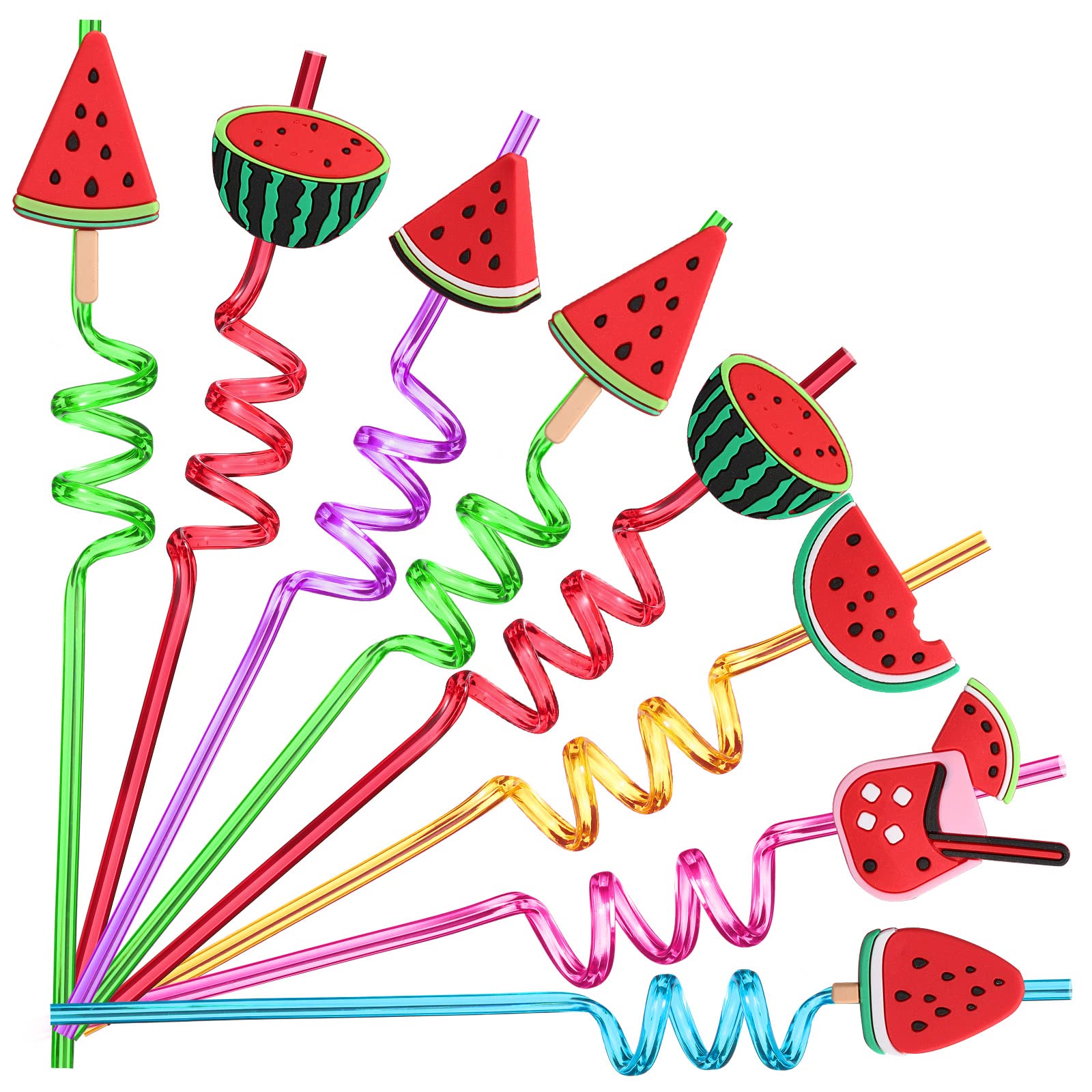 AFZMON 24 PCS Watermelon Drinking Straws Reusable Fruit Plastic Beverages Cocktail Straw with Cartoon Decoration for Kids Watermelon Party Supplies for One in A Melon Birthday Party Favors