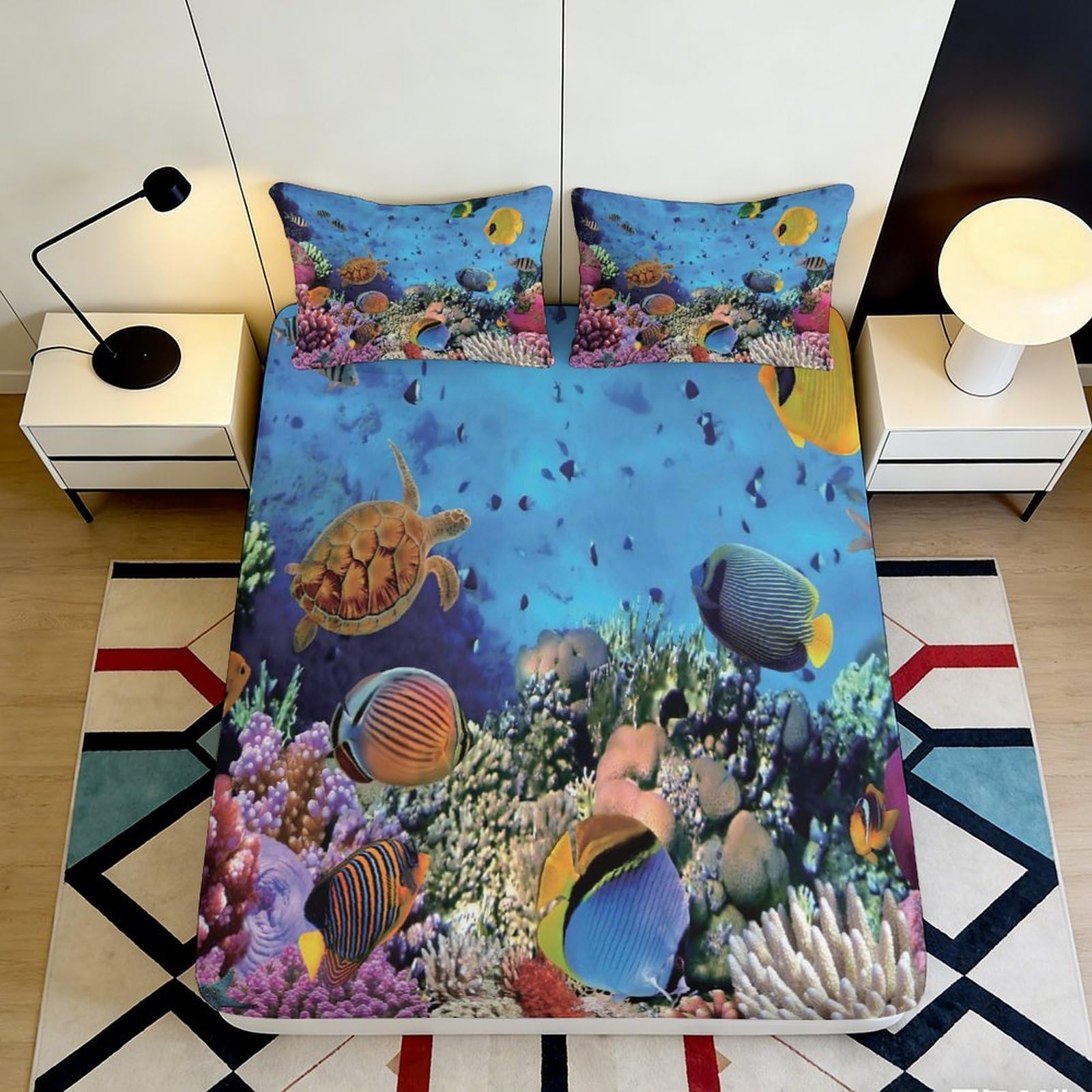 3D Printed Ocean Coral Fitted Sheet Microfiber Soft Durable Underwater Turtle Bed Cover Bedroom Decor 90x200x25cm