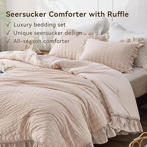 Miniatura 3 de JOLLYVOGUE - Juego de edredón tamaño queen, de 3 piezas, estilo seersucker, ligero y esponjoso para todas las estaciones, con 1 edredón con volantes