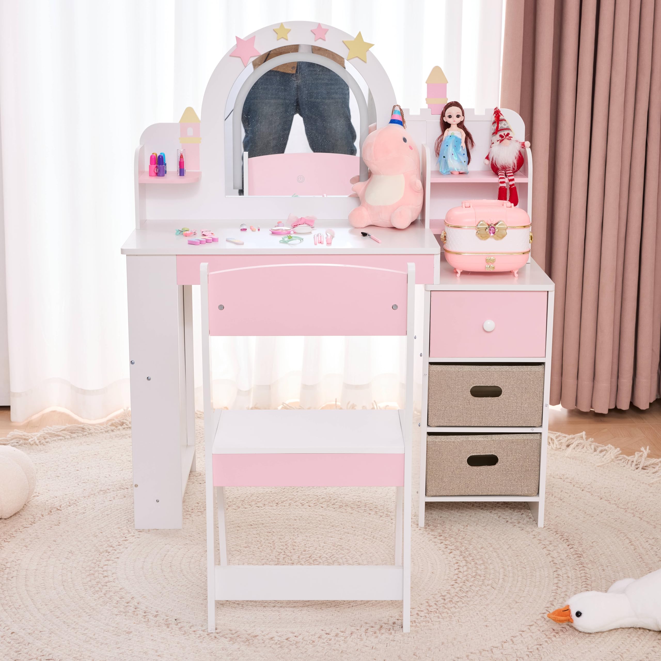 LALAHO Schminktisch Kinder mit Hocker Frisiertisch Kinderschminktisch für Mädchen aus Holz mit Beleuchtung, Spiegel, 5 Schubladen & Bücherregal，-Kosmetiktisch Set für ab 3 Jahren，(Weiß)